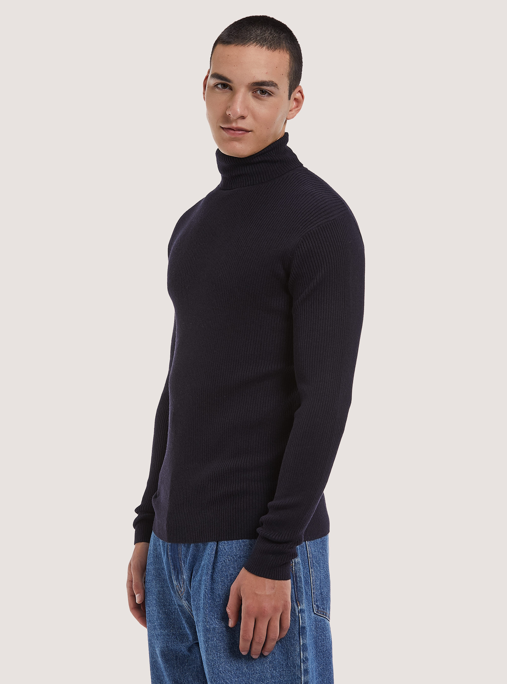 Pullover collo alto a coste, BLU MARINO
