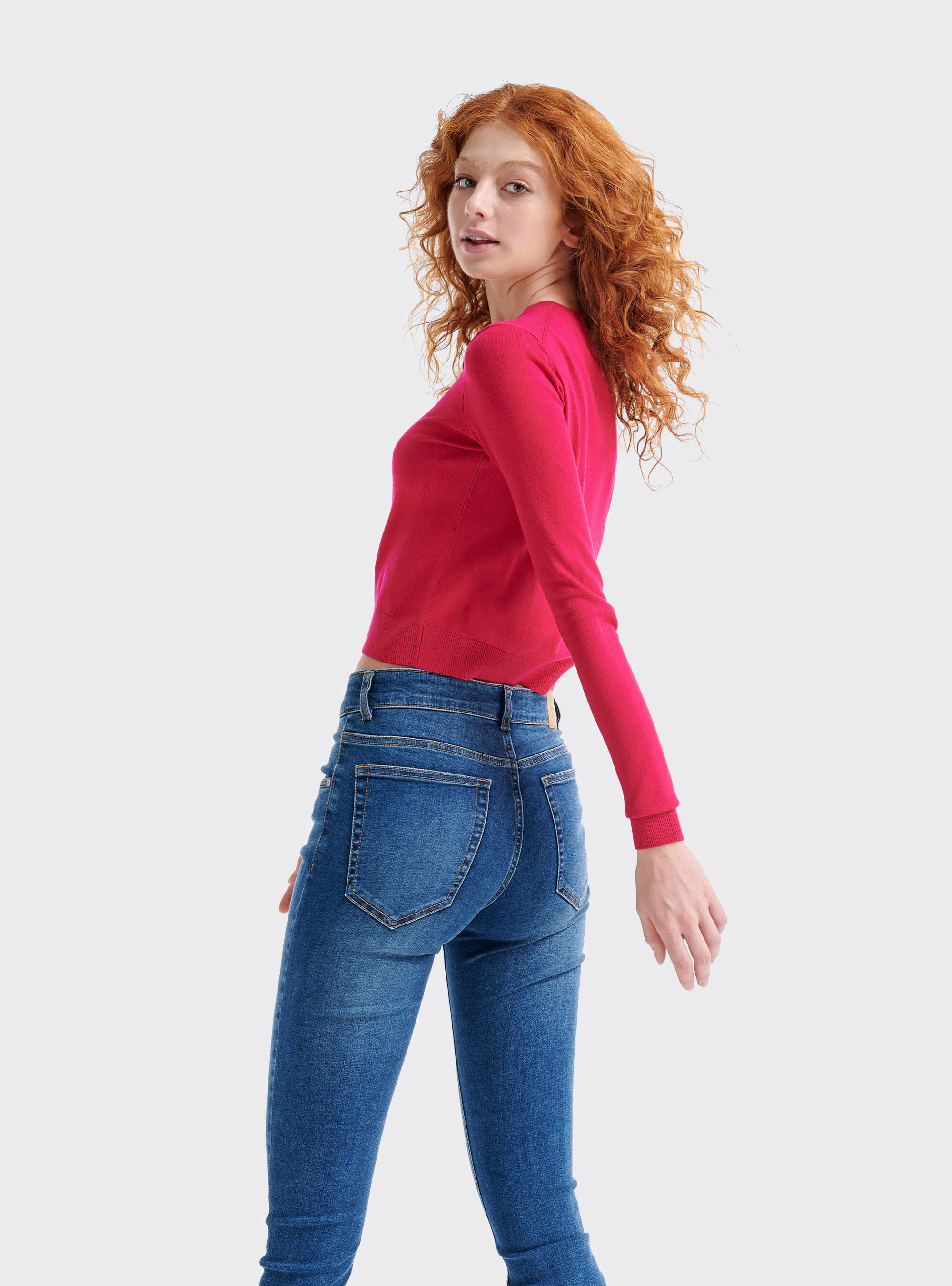 Cropped basic t-shirt with long sleeves, FUXIA