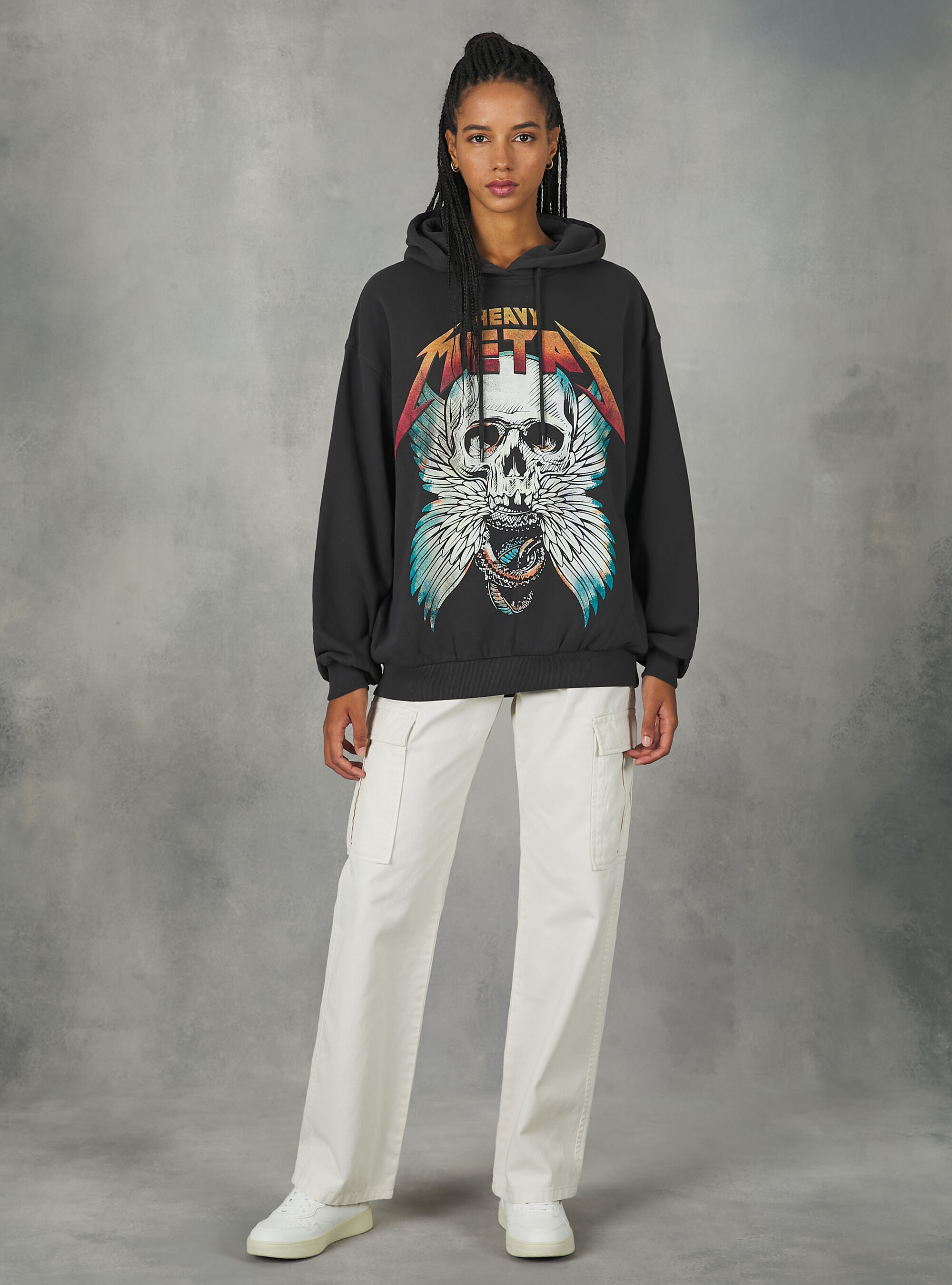 Sudadera oversize con estampado Rock, BK3 BLACK CHARCOAL