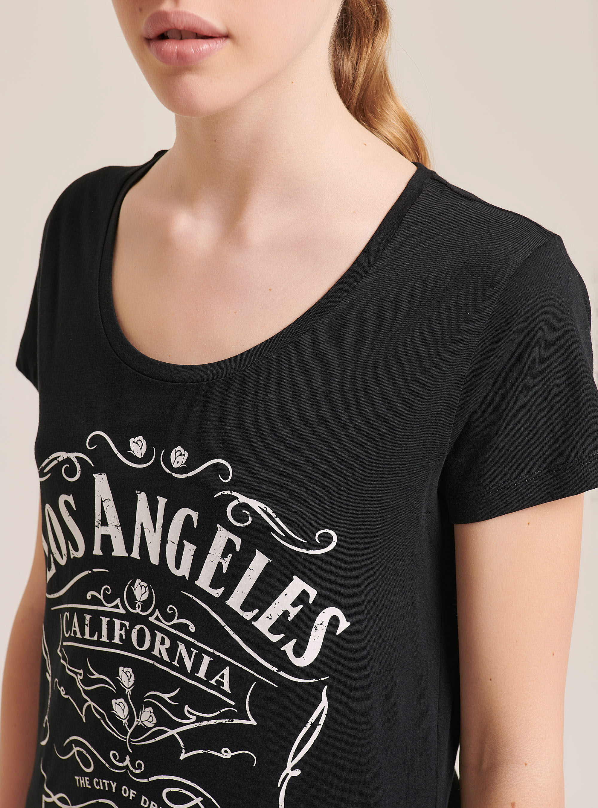 Wide crew neck T-shirt in combed cotton, BLACK