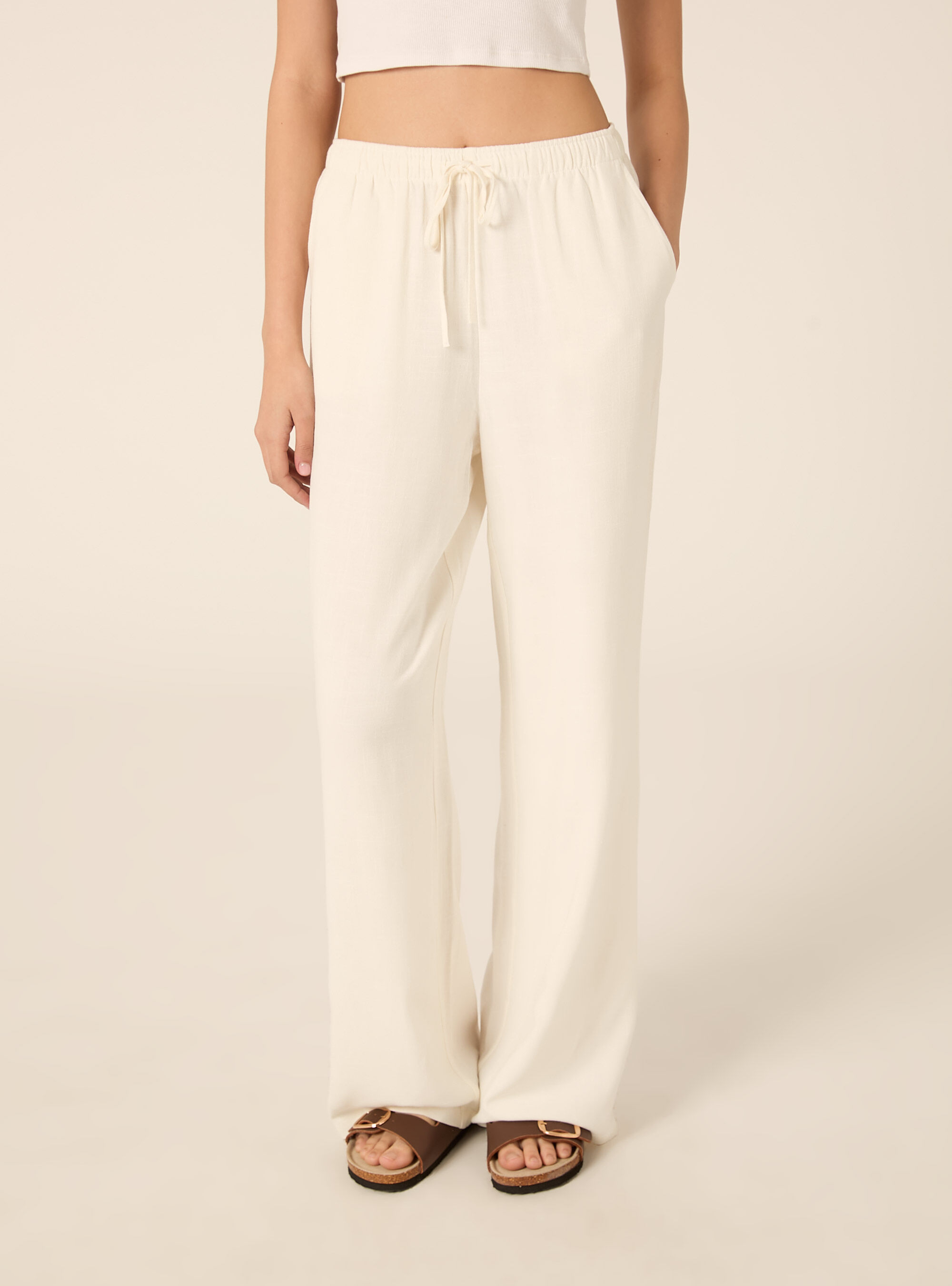 Pantaloni wide leg in misto lino, WH2 WHITE