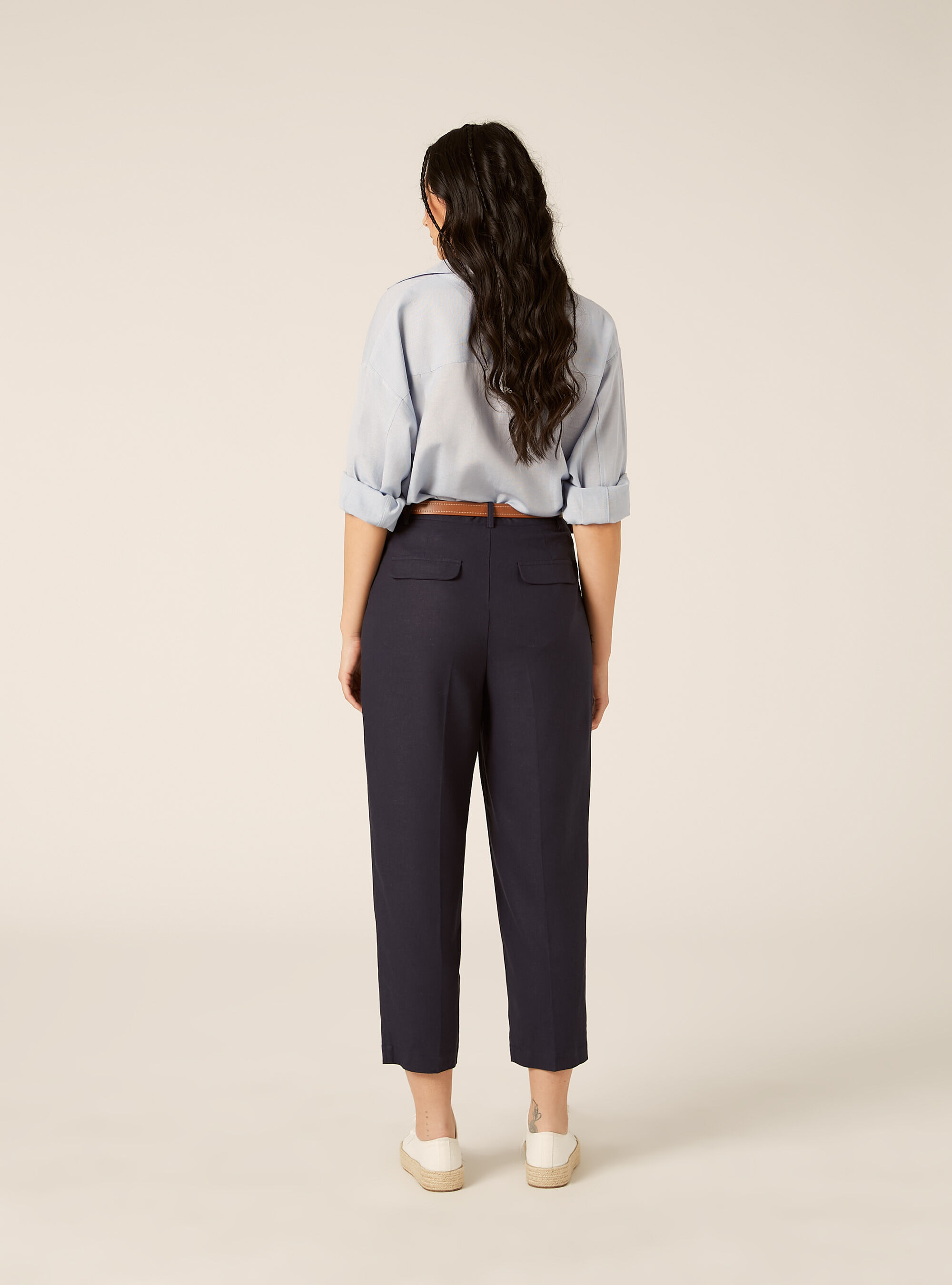 Pantaloni dritti in misto lino con cintura, NA2 NAVY MEDIUM