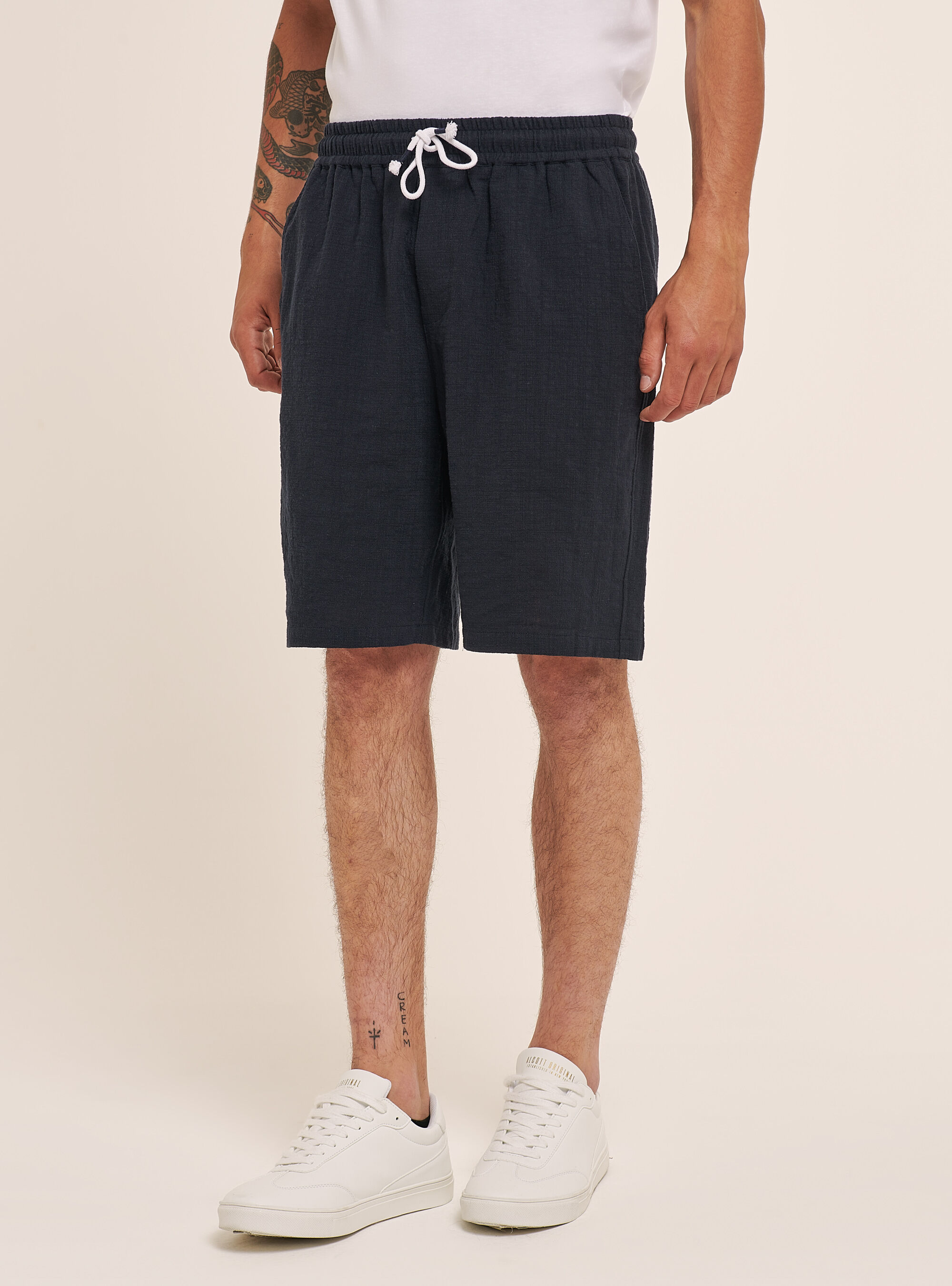 Bermuda in cotone con elastico in vita, BLU