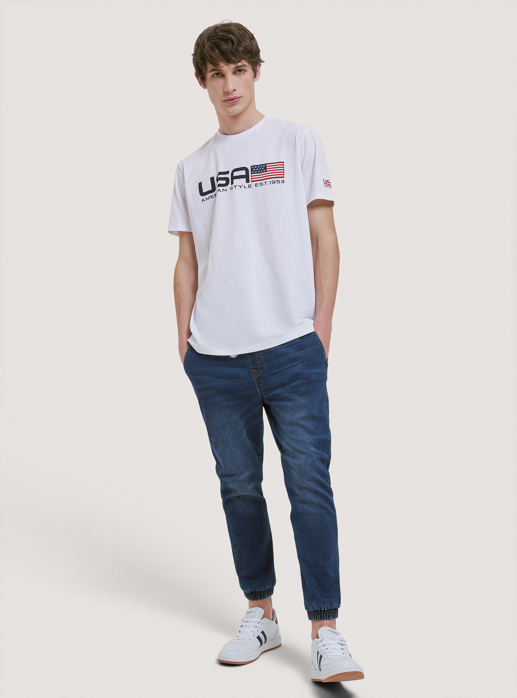 Camiseta de algod&oacute;n con estampado USA, BLANCO