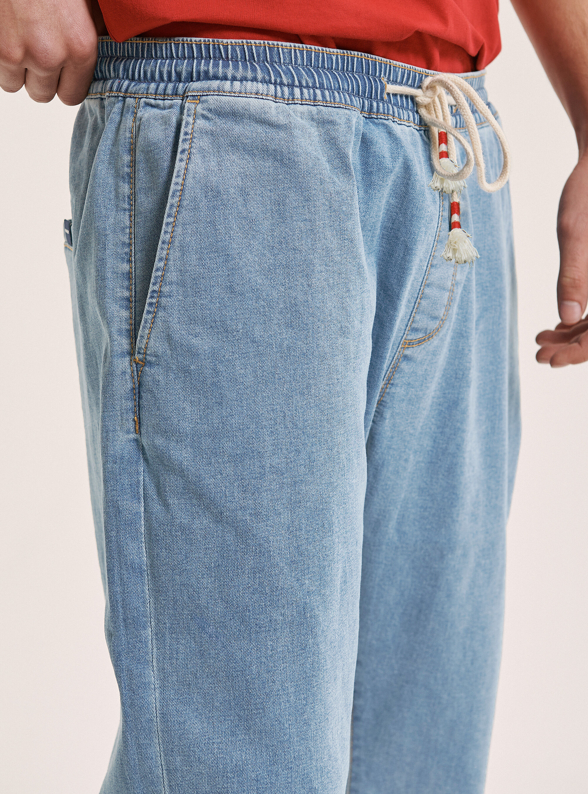 Stretch denim jogger trousers with elasticated waistband