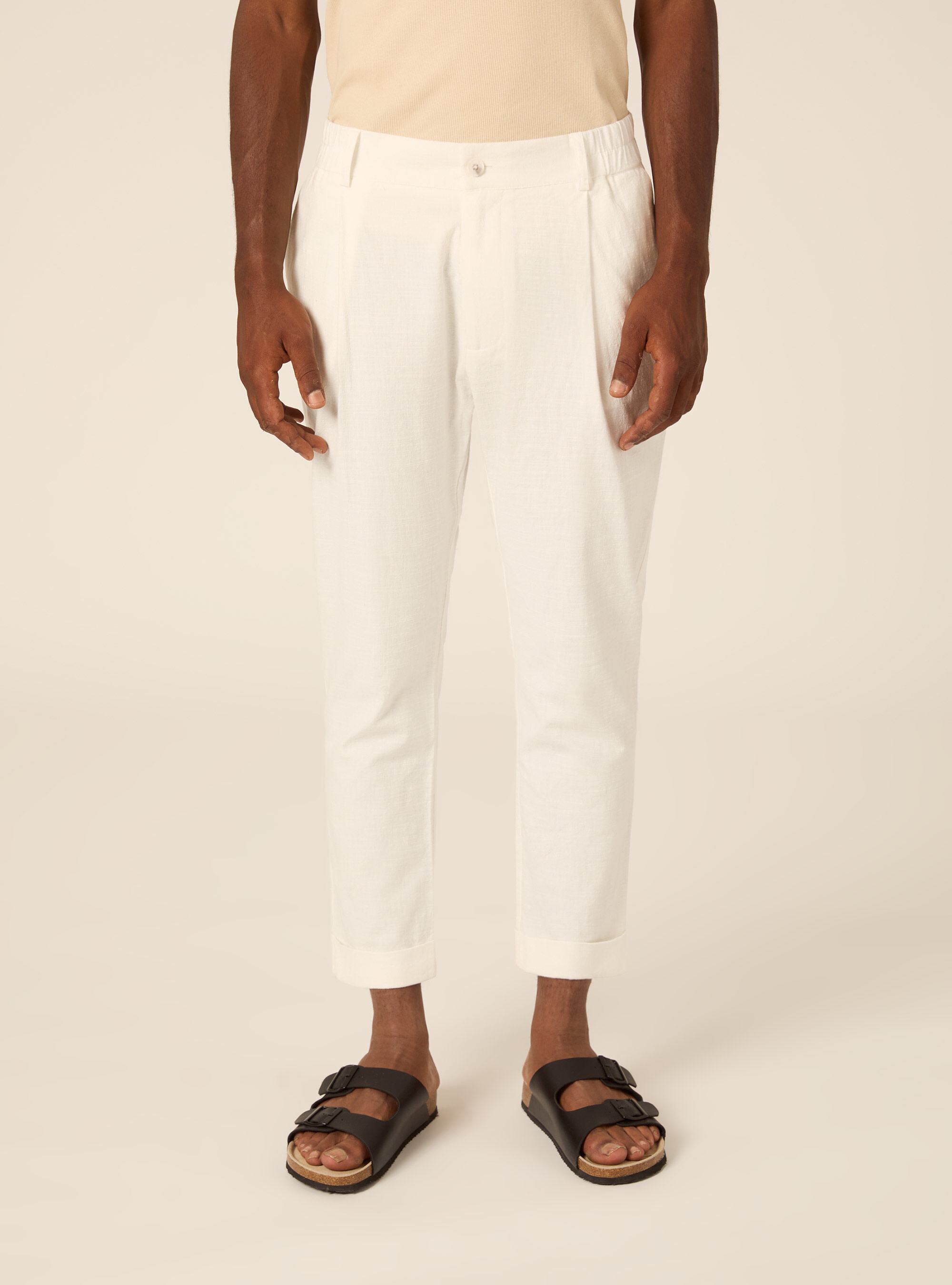Pantalone con elastico in vita in misto lino, WH1 OFF WHITE