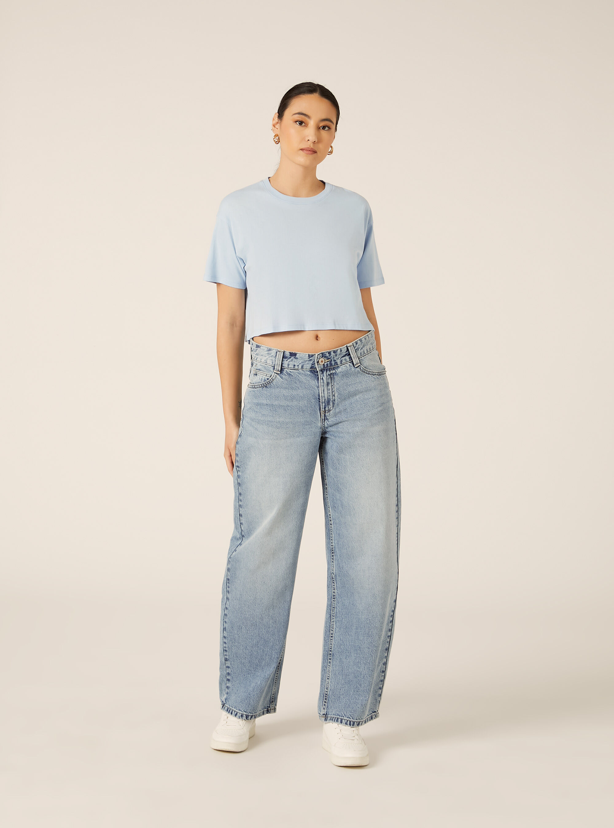 T-shirt crop over tinta unita, AZ2 AZURE MEDIUM