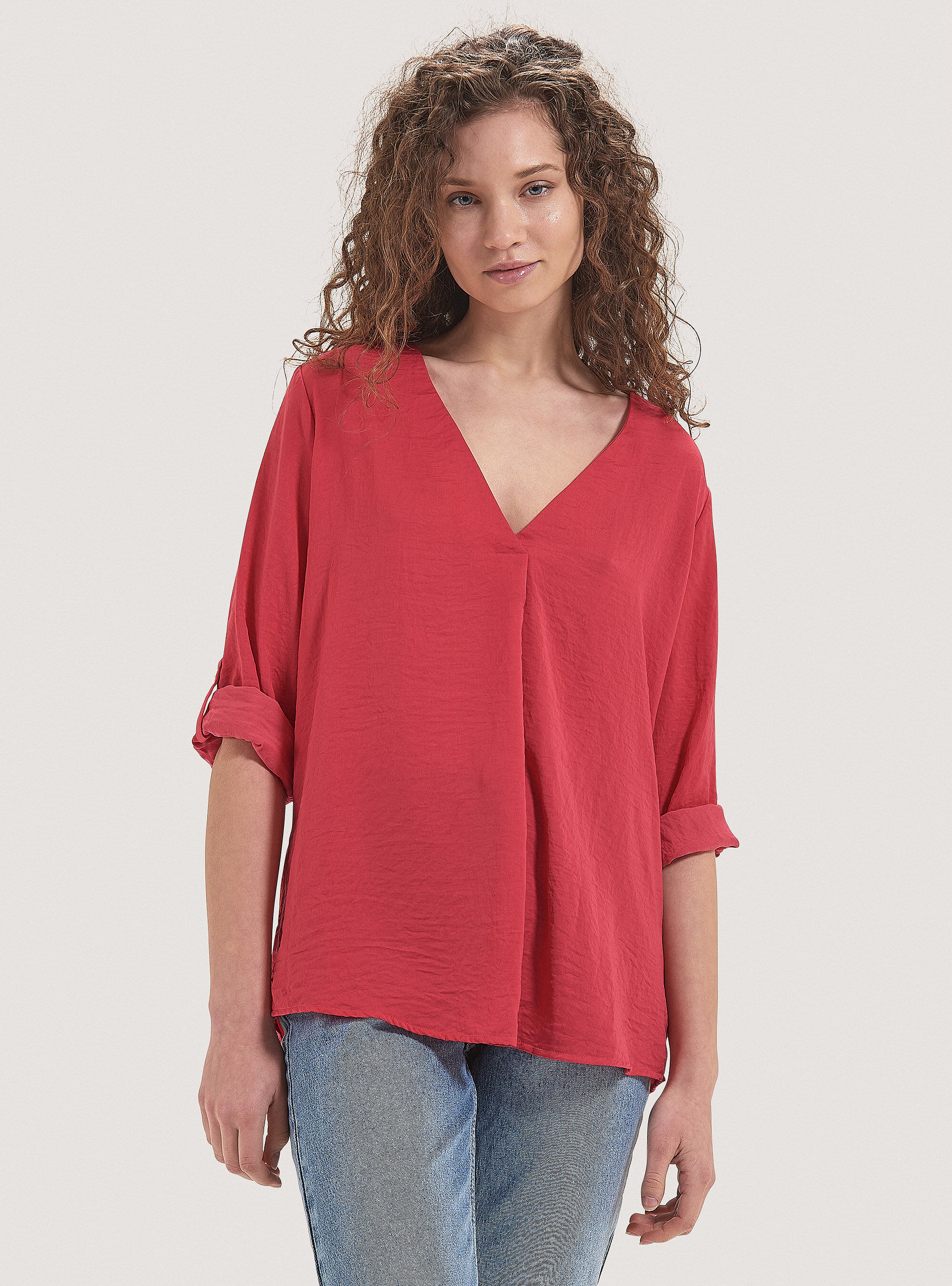 Blusa de color s&oacute;lido con escote, FUCSIA