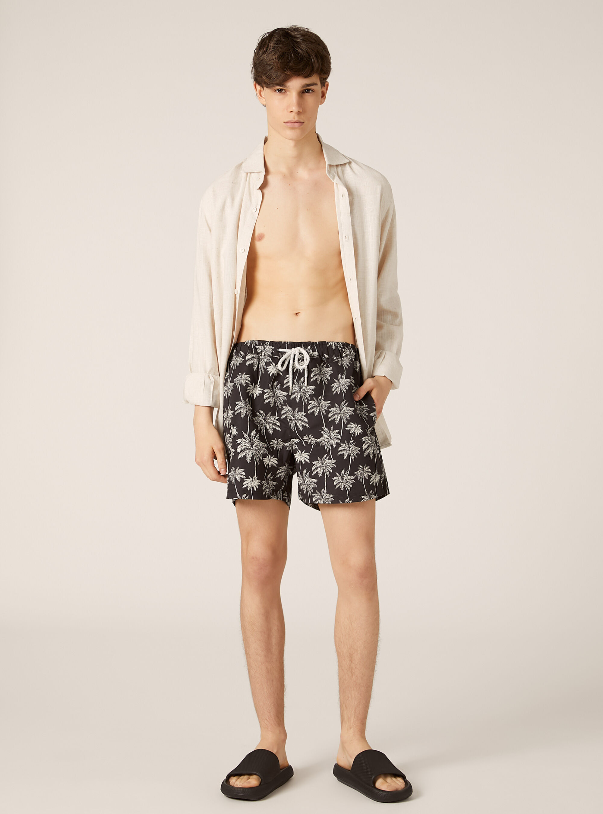 Swimming costume with palm print, BK1 BLACK