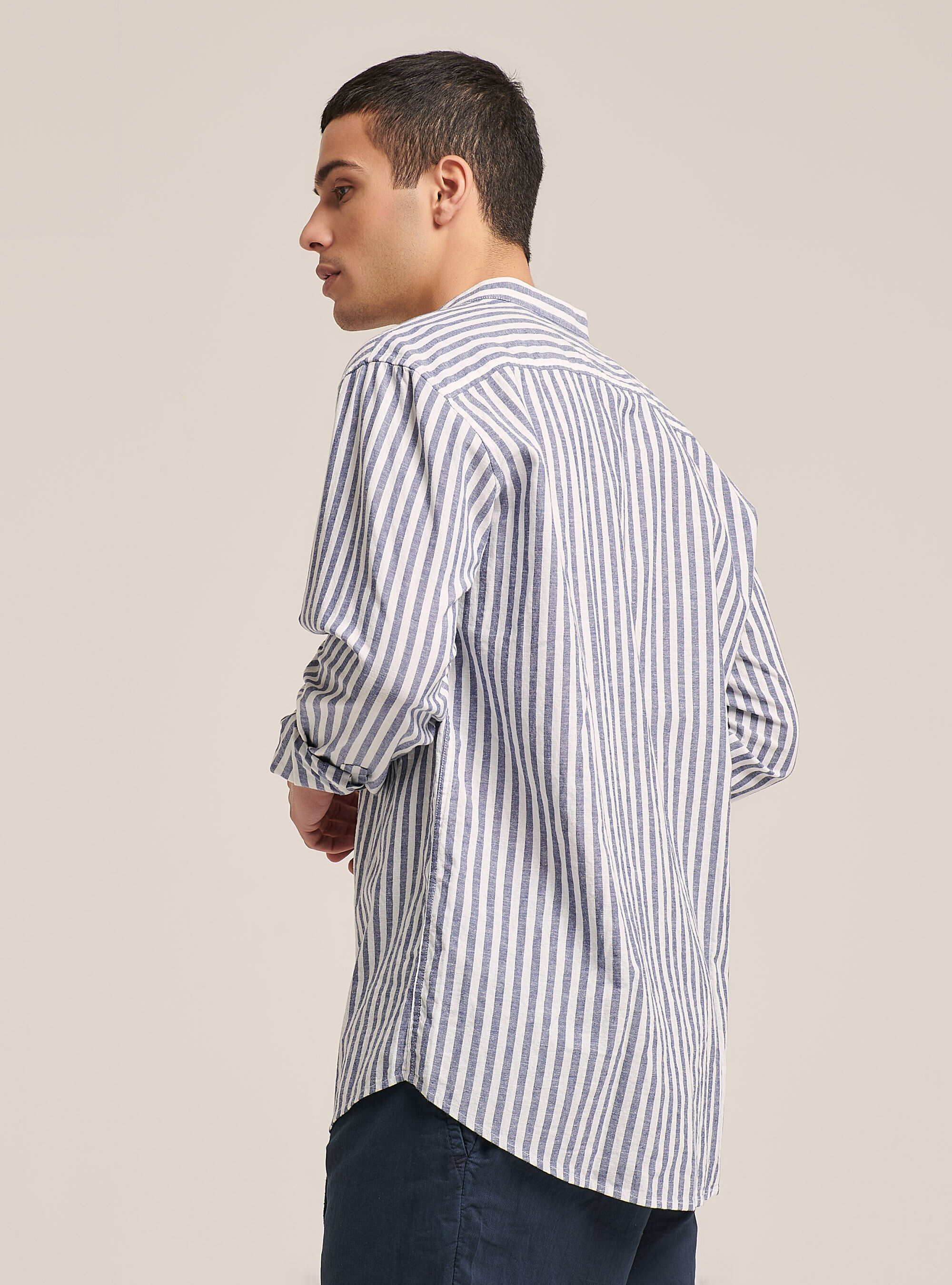 Linen blend striped shirt with Korean collar, MULTICOLOR