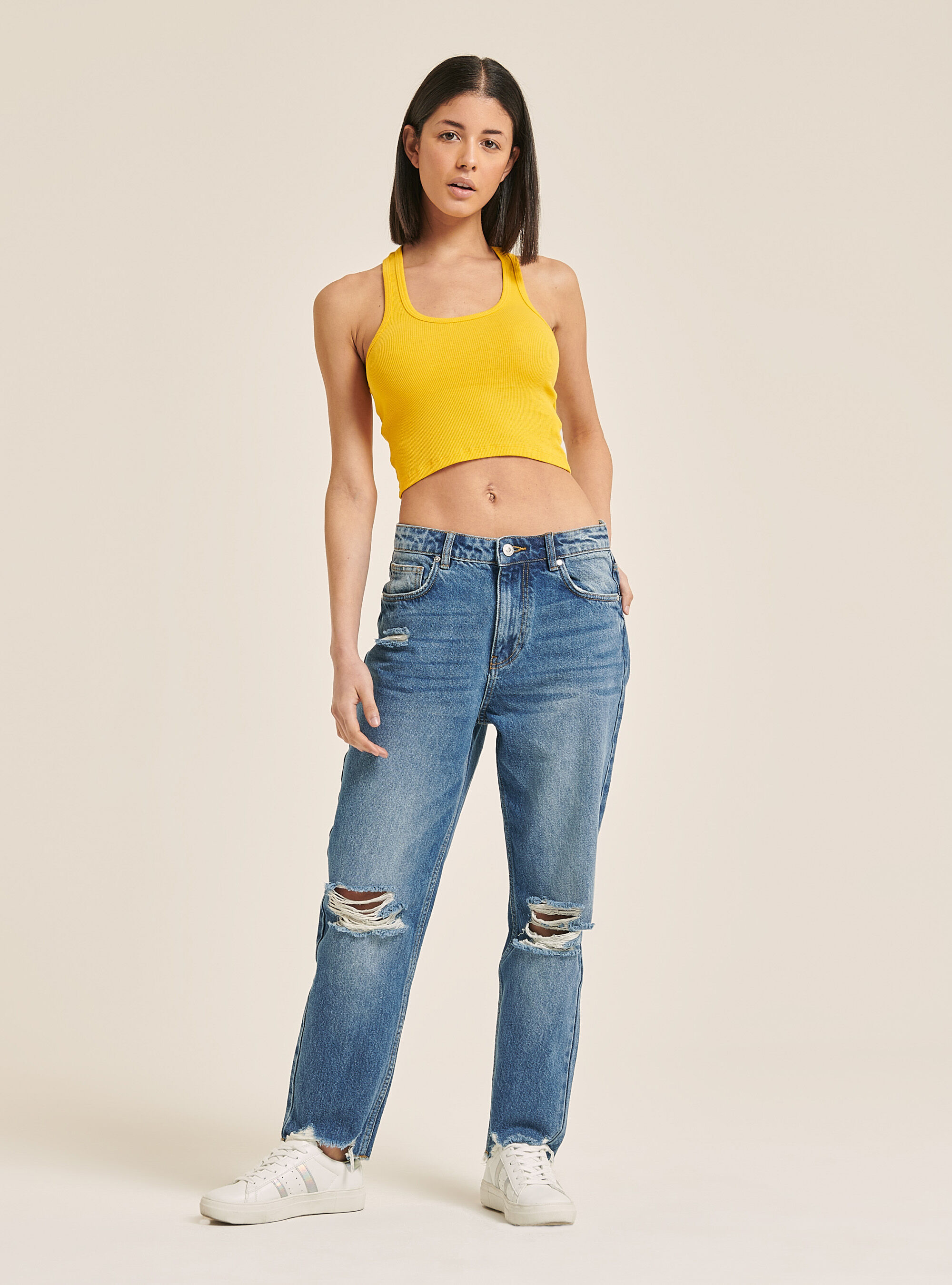 Ribbed cropped top with x-neckline at the back, C7713 YELLOW