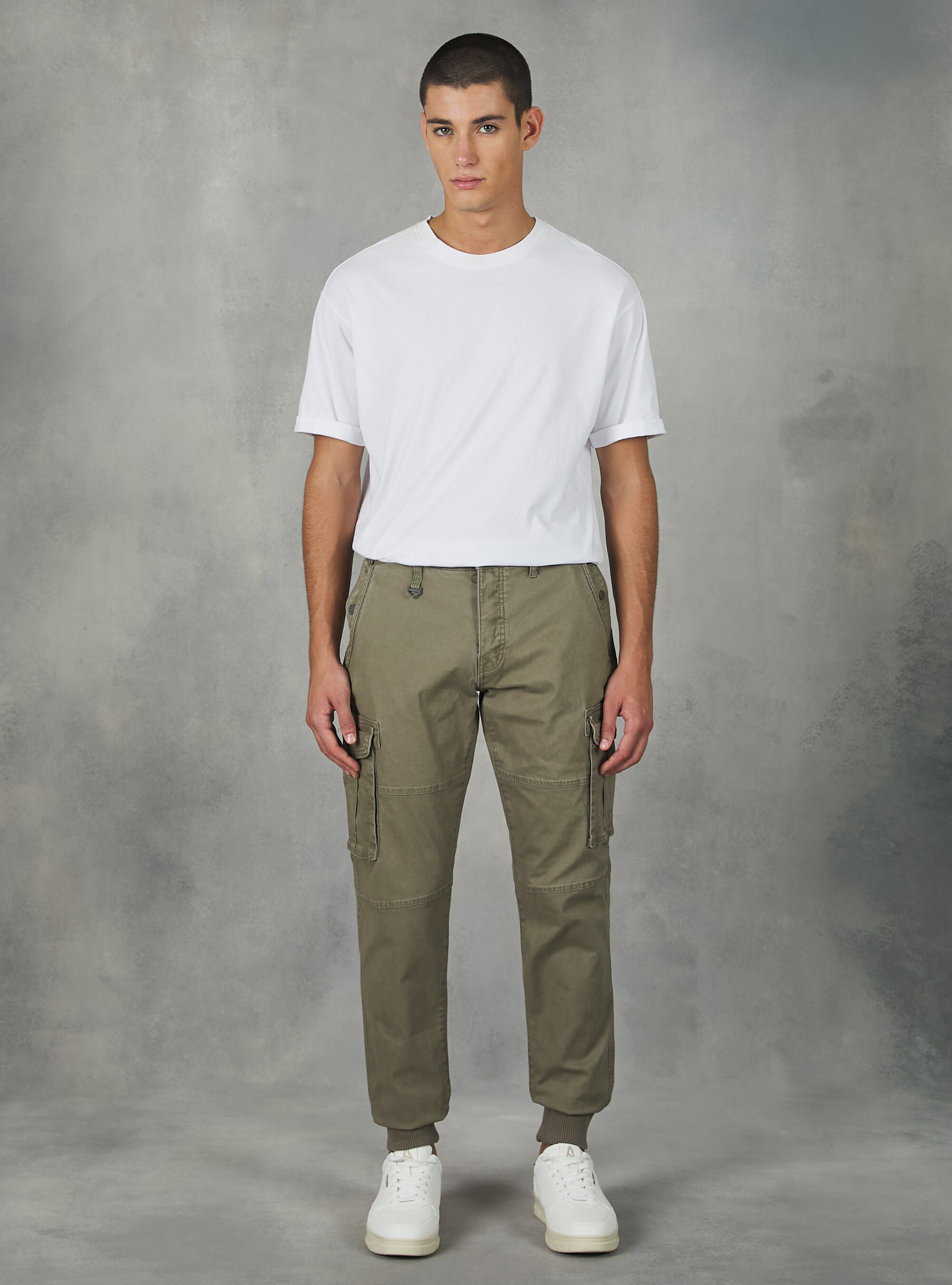 Khaki plain cargo trousers store
