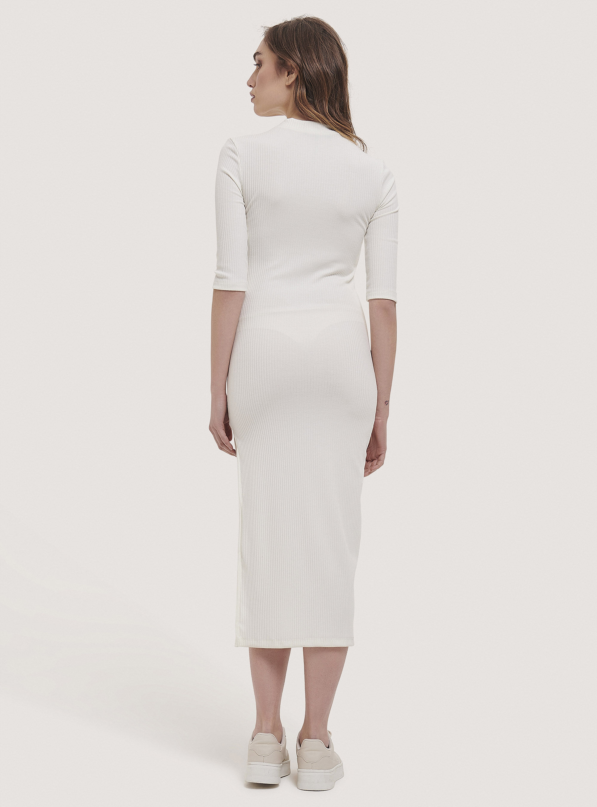 Ribbed midi dress with side slit, C0020 OFF WHITE