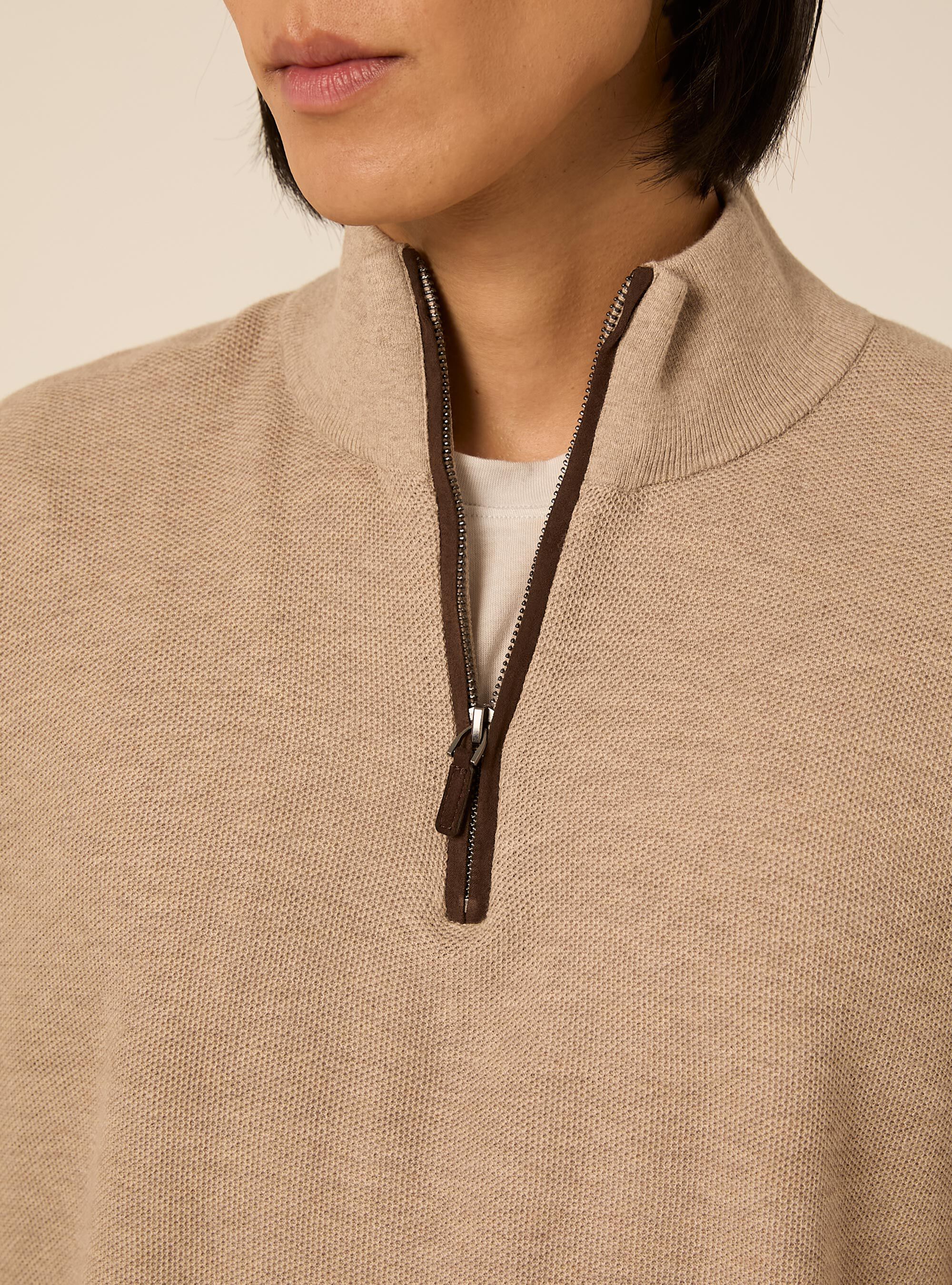 Pullover a mezza zip in misto cashmere, BEIGE CHIARO MELANGE