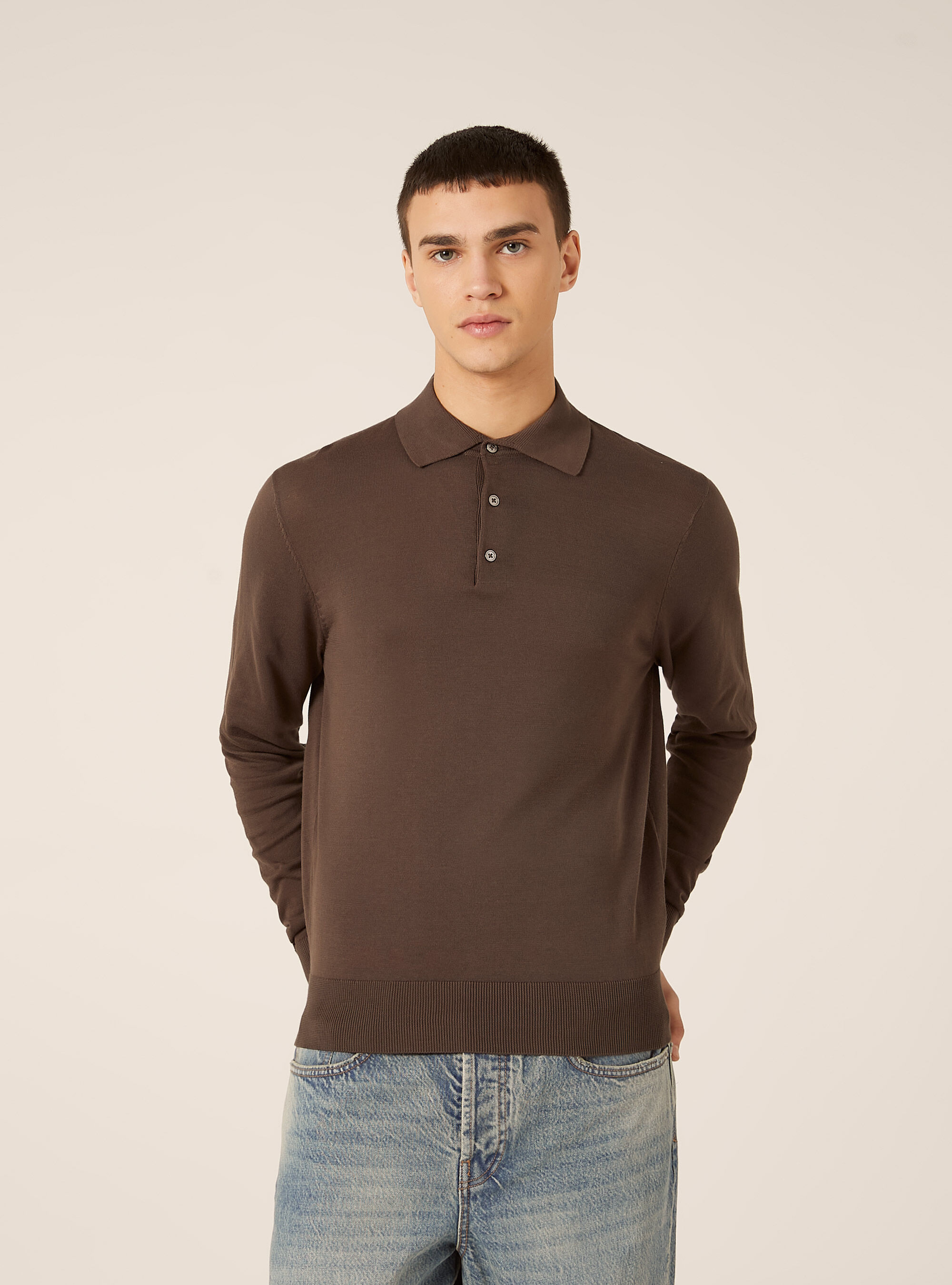 Long-sleeved cotton polo shirt, BR2 BROWN MEDIUM