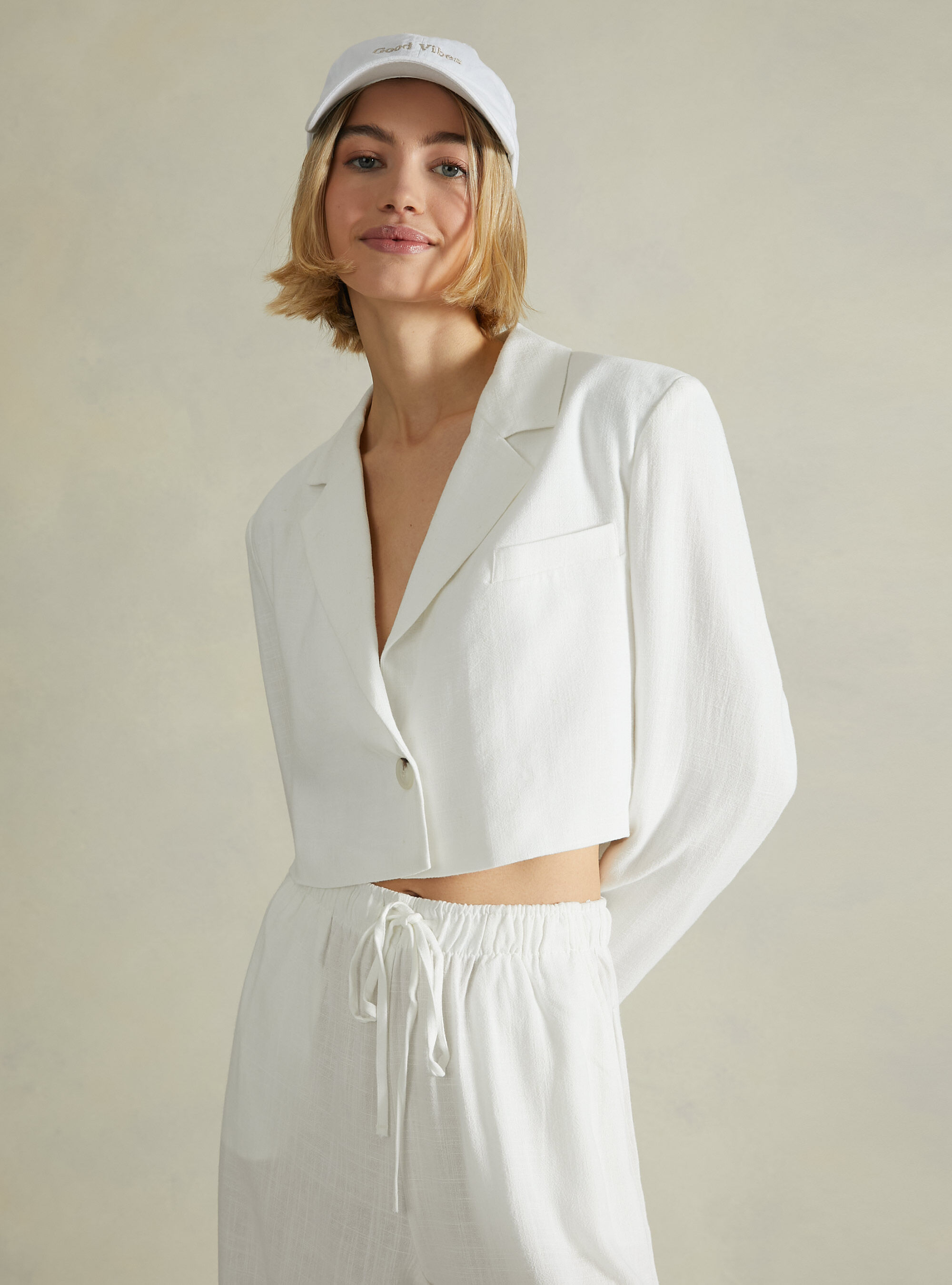 Cropped blazer in linen blend, WH2 WHITE