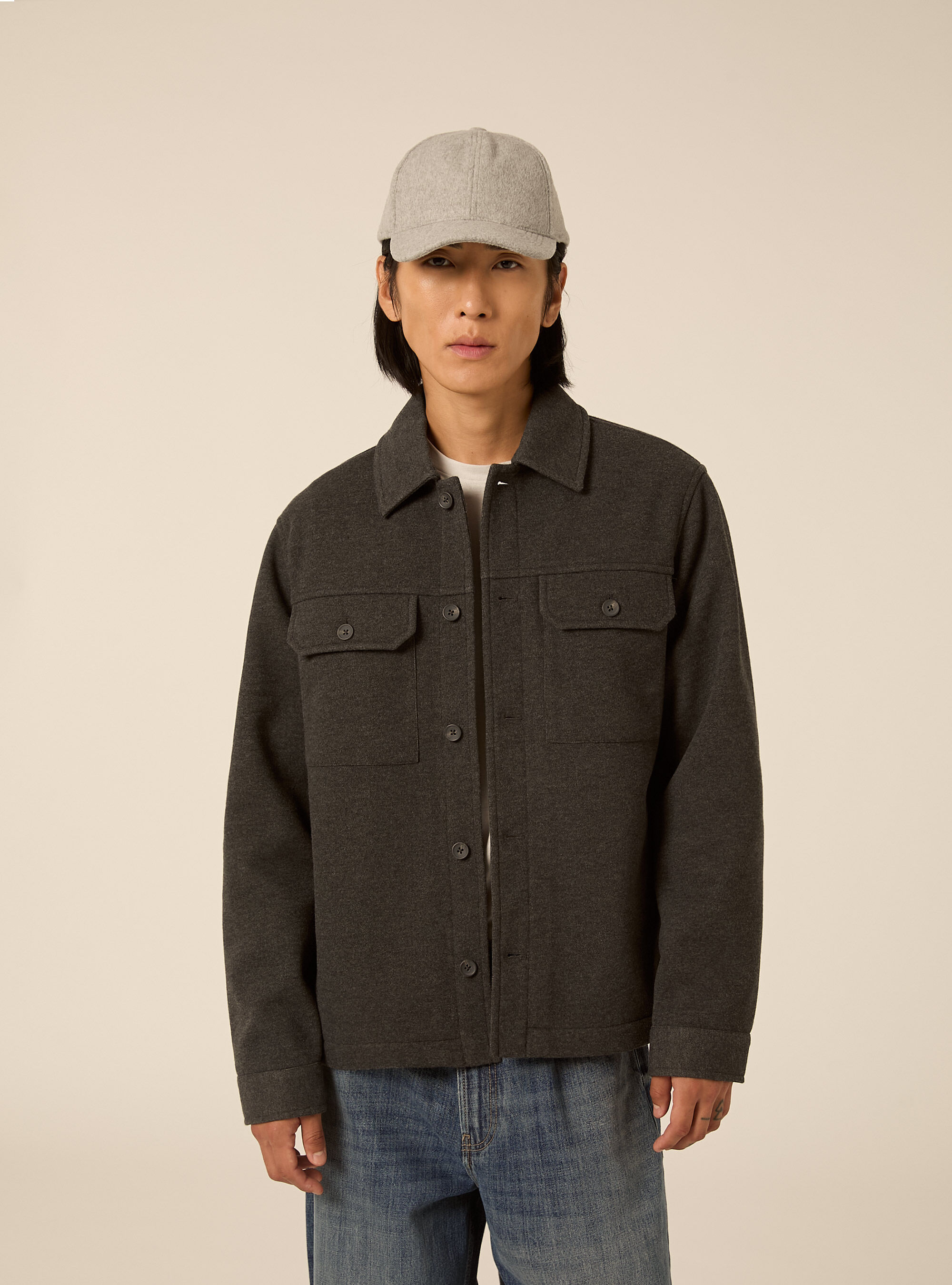 Camicia in panno con tasconi, MGY1 GREY MEL DARK