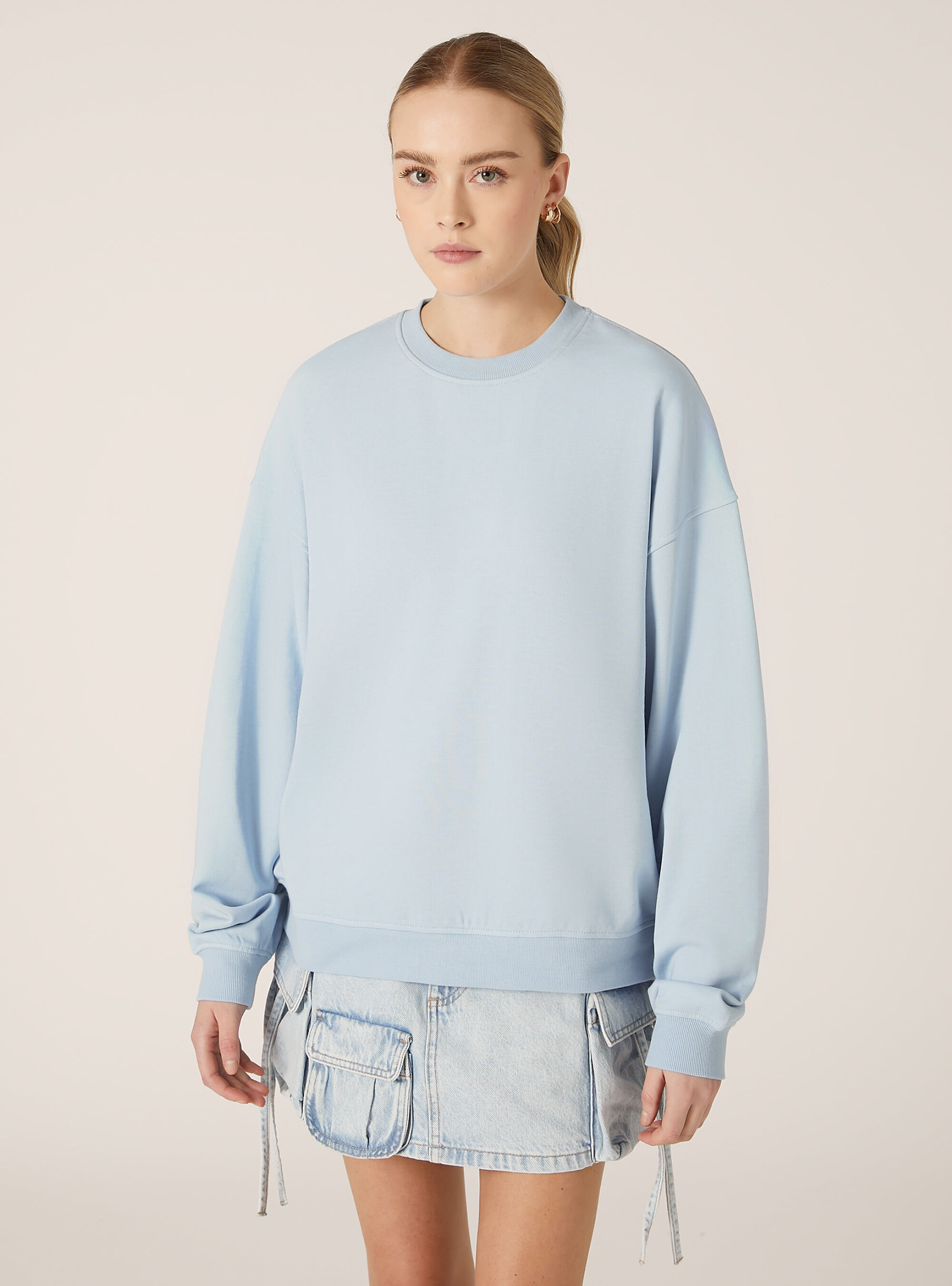 Felpa girocollo in cotone in tinta unita, IN3 INDIGO LIGHT