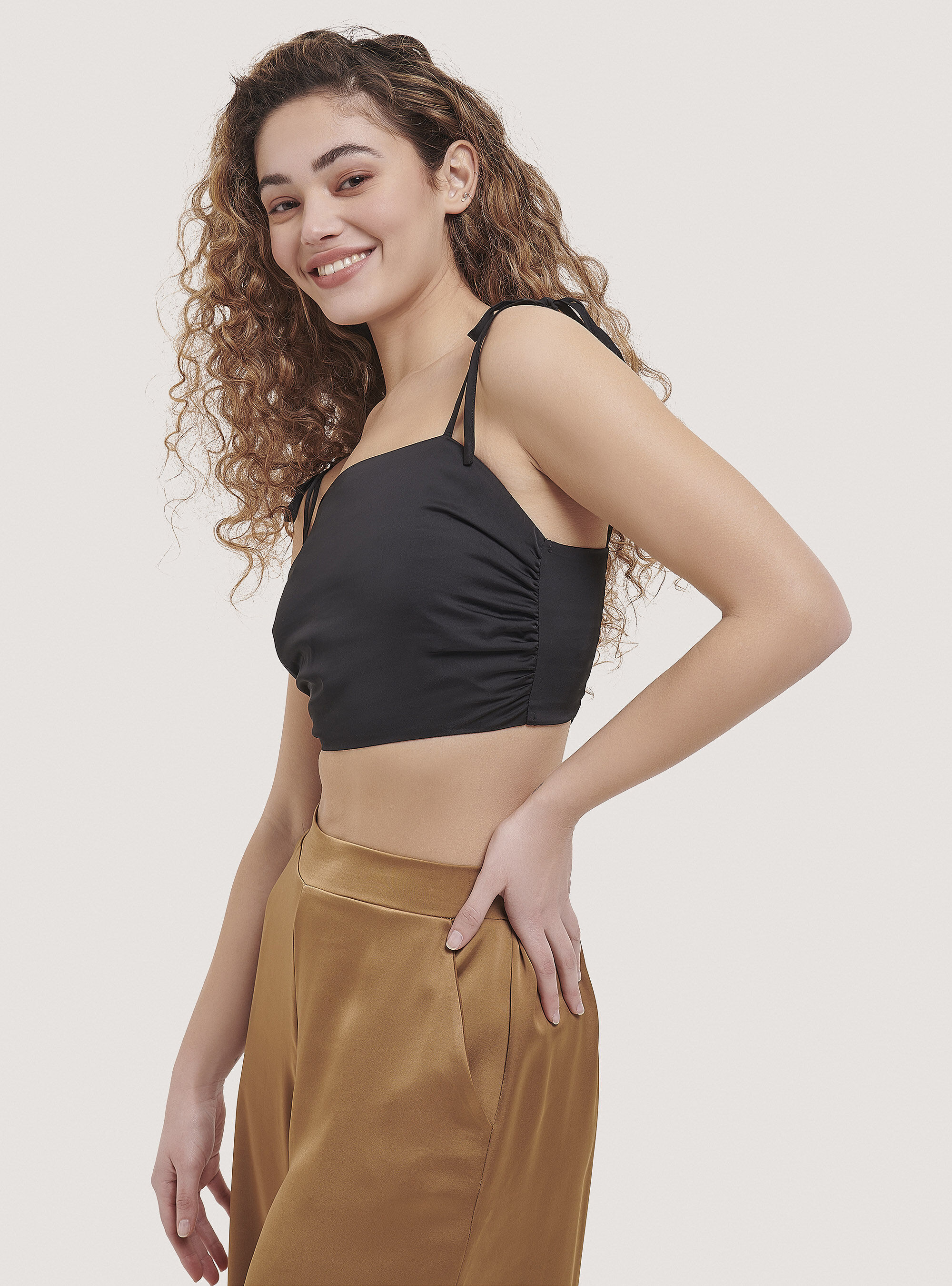 Cropped satin top, BK1 BLACK