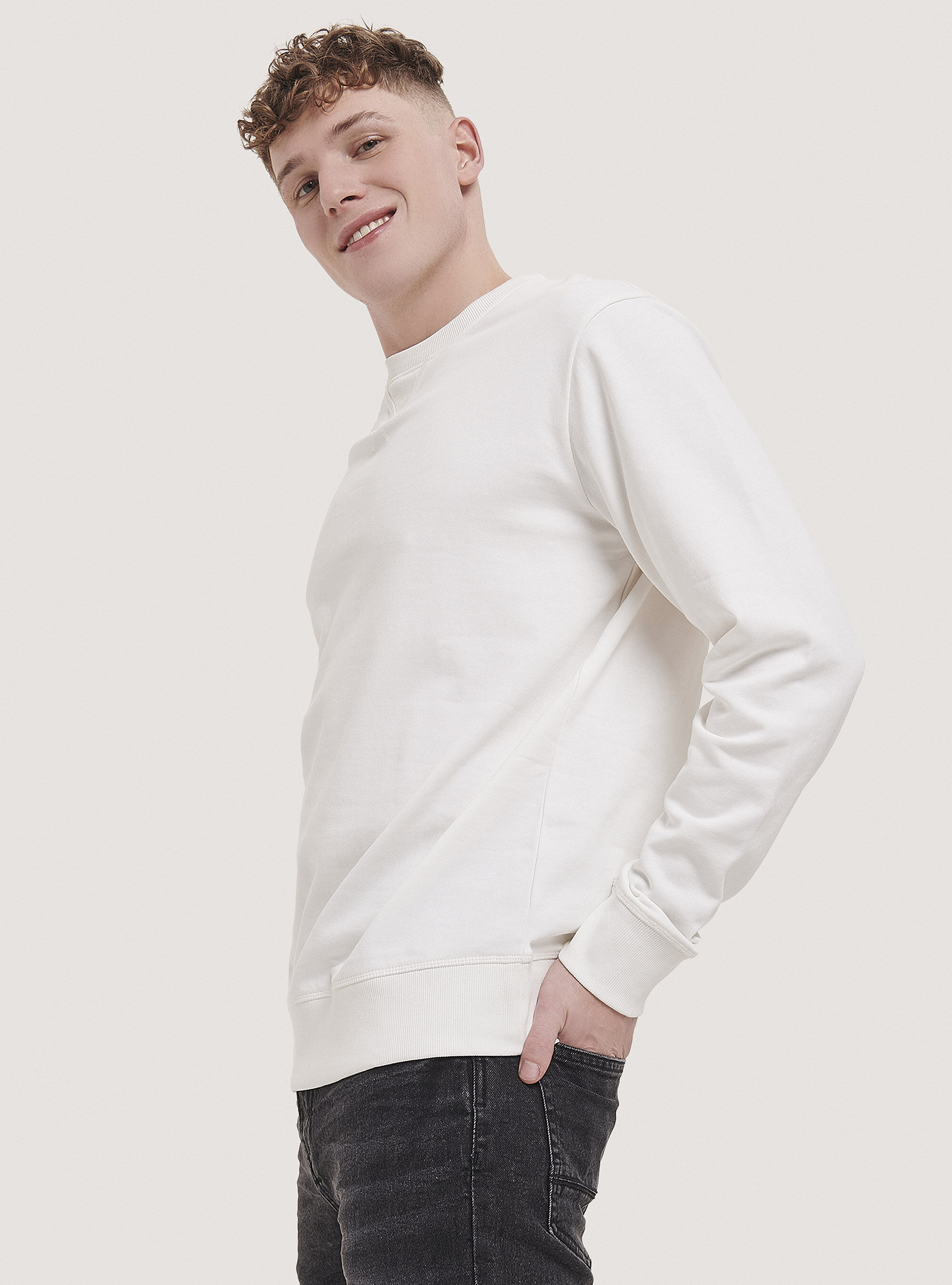 Sweat-shirt basique en coton &agrave; col rond, C0020 OFF WHITE