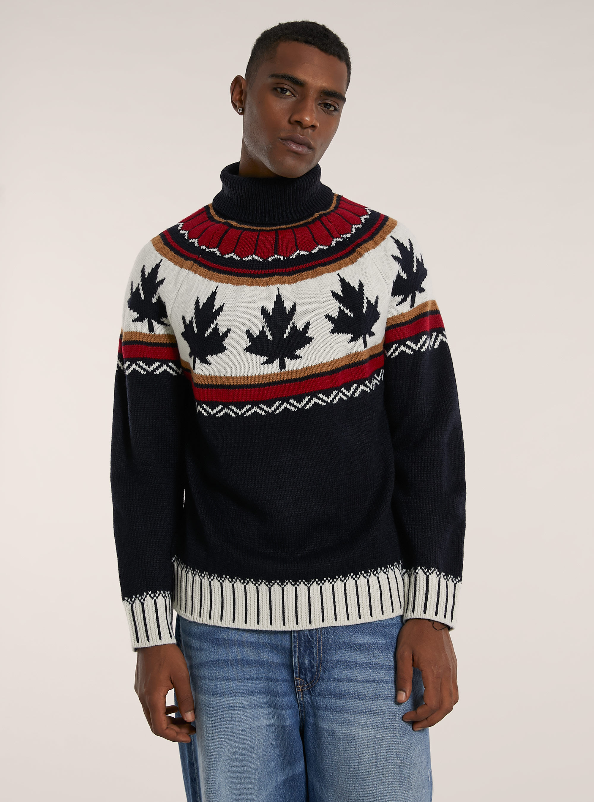 Jersey de cuello alto con motivo de la hoja de arce, AZUL MARINO