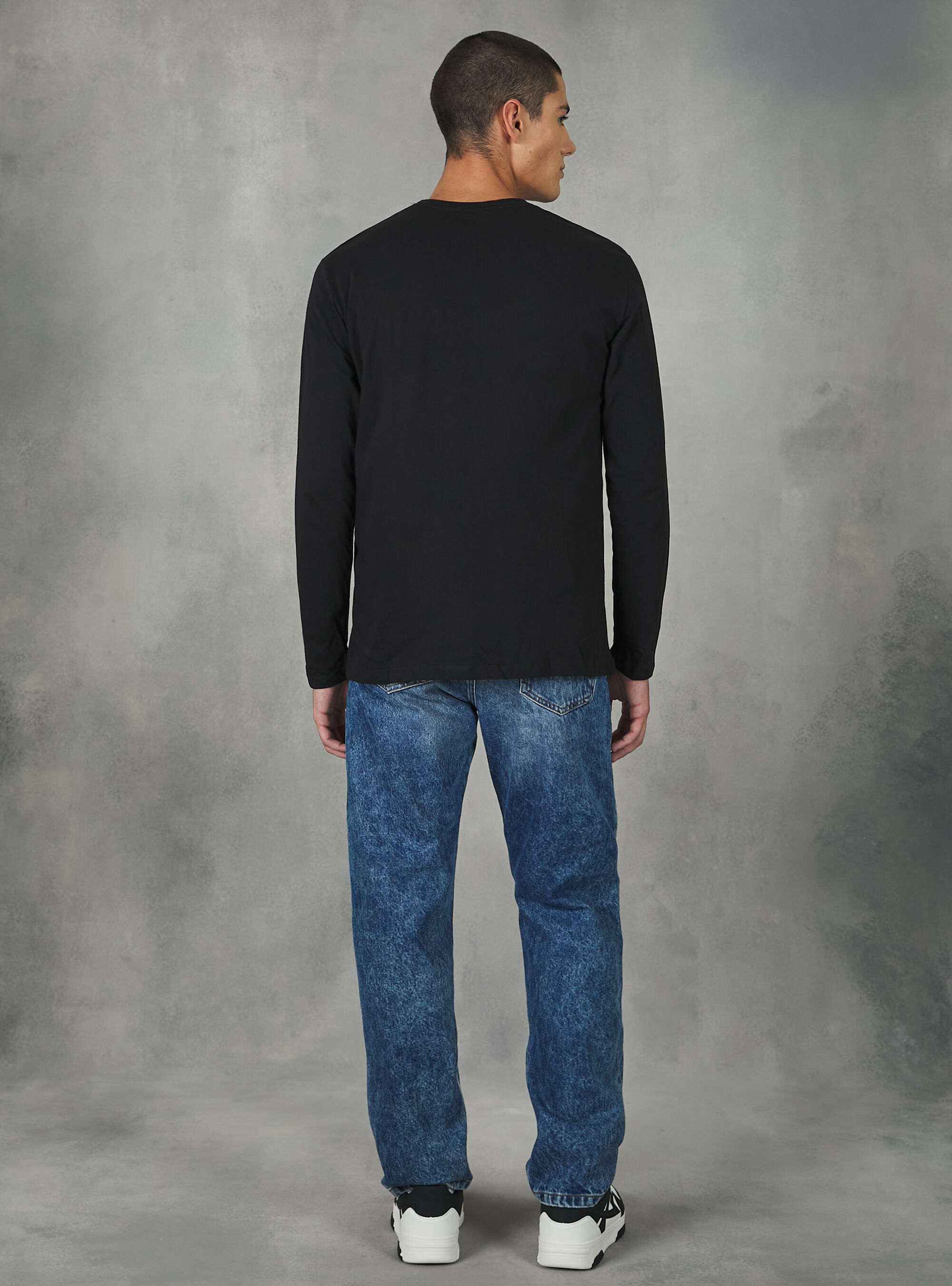 T-shirt en coton &agrave; manches longues, BK1 BLACK