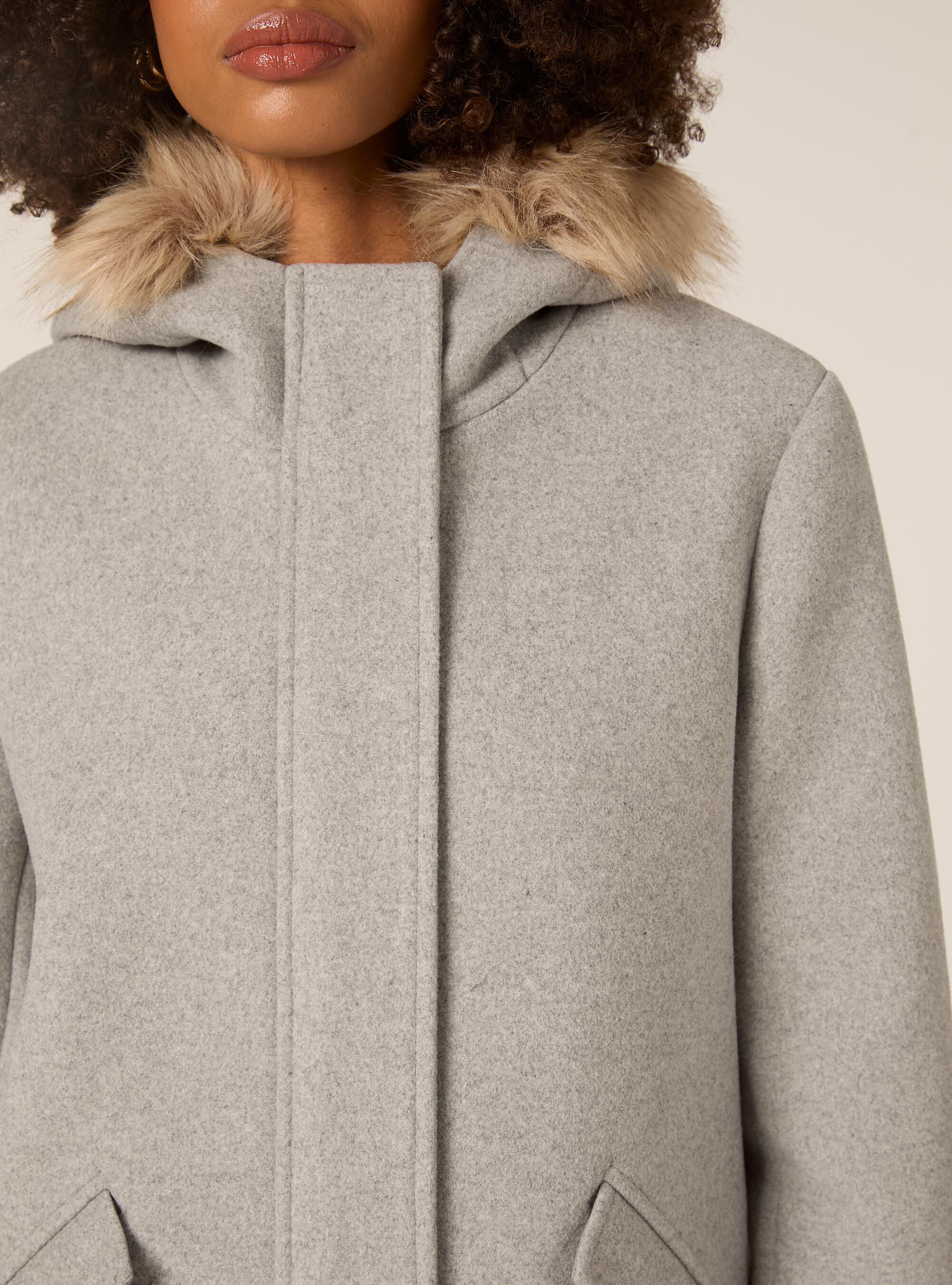 Hooded coat with fur, MGY3 GREY MEL LIGHT