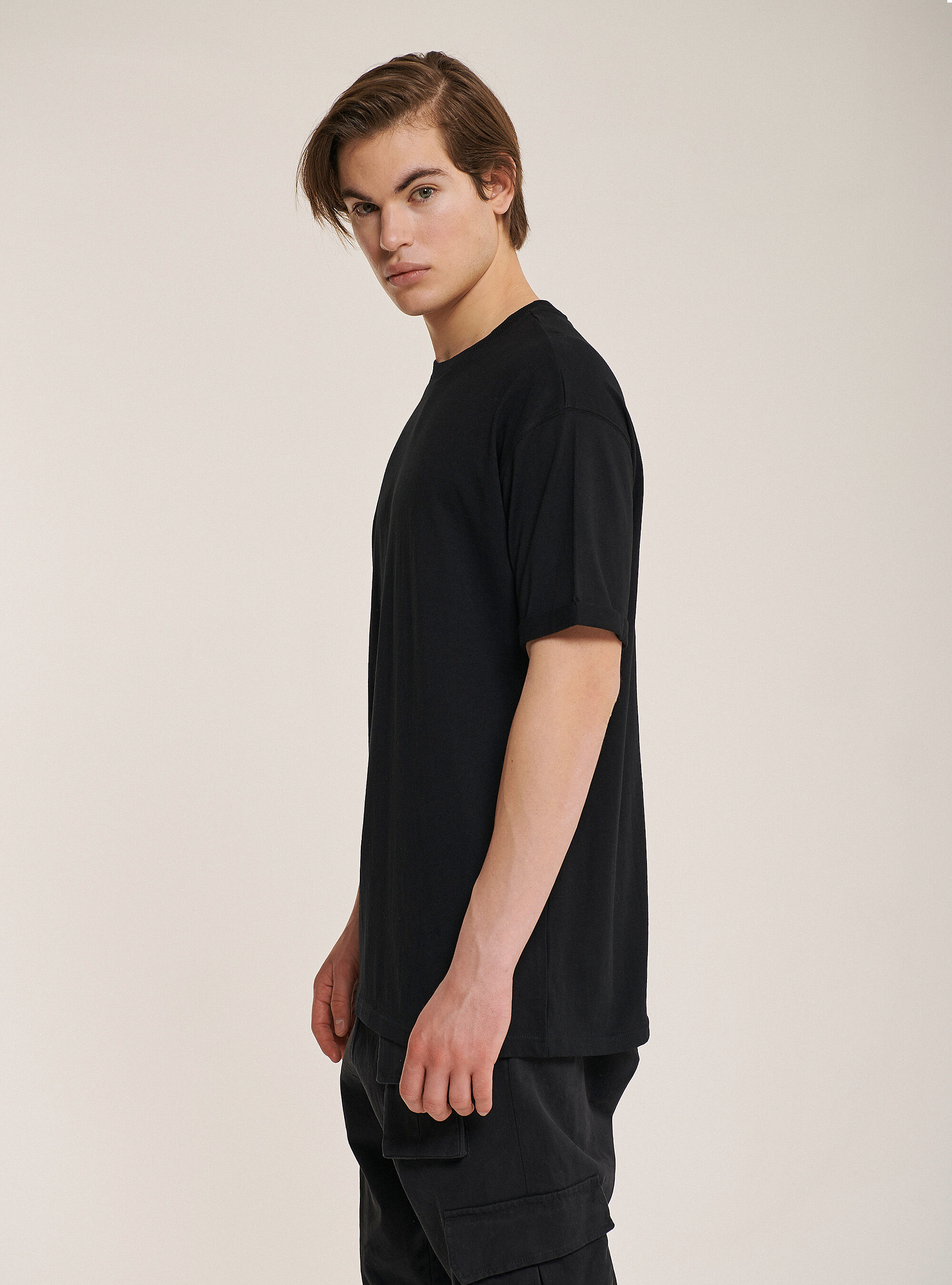 Maglietta girocollo in cotone oversize, NERO