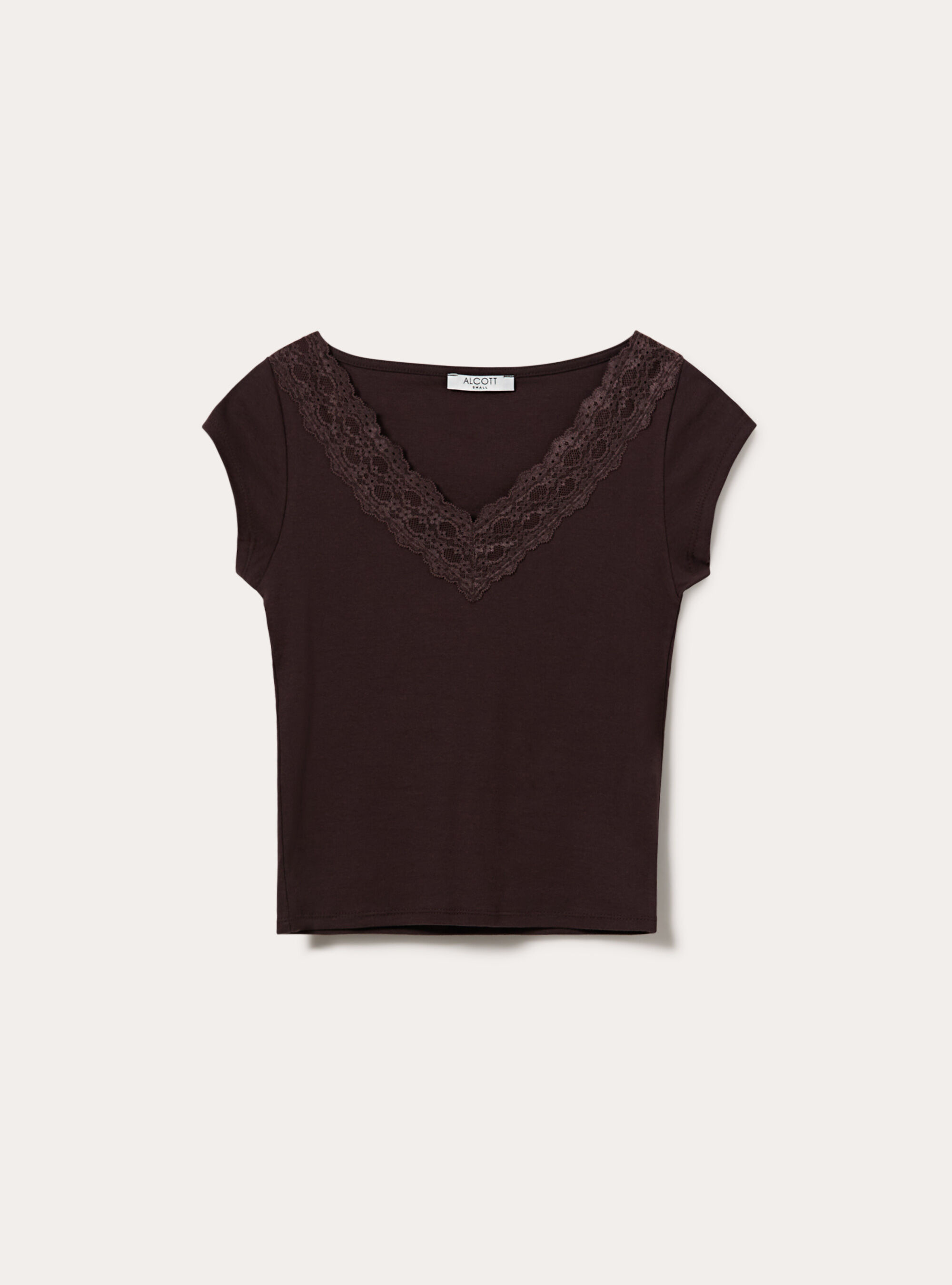 T-shirt con scollo a v in pizzo, BR1 BROWN DARK