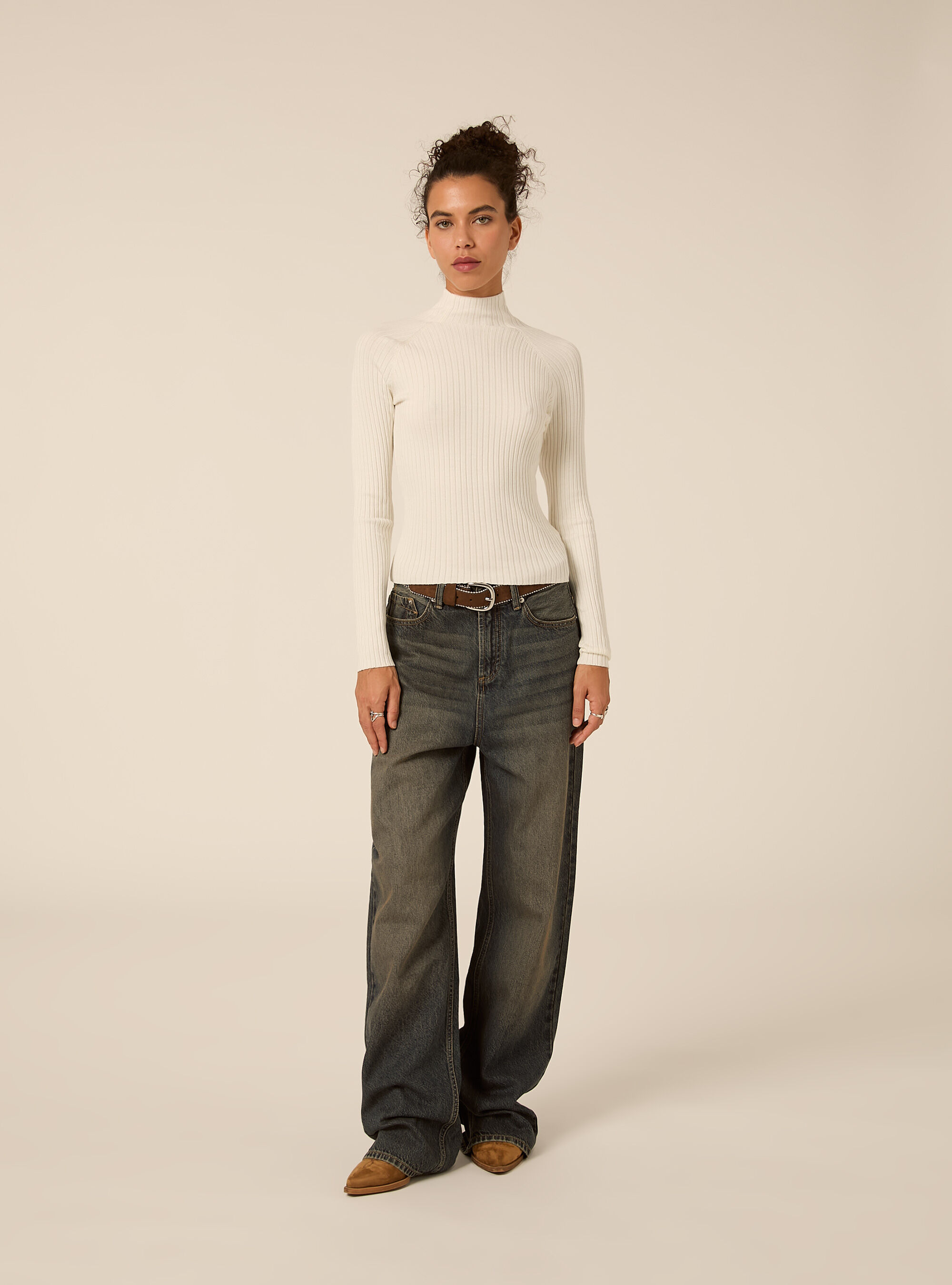 Ribbed mock neck jumper with raglan sleeves, WH1 OFF WHITE