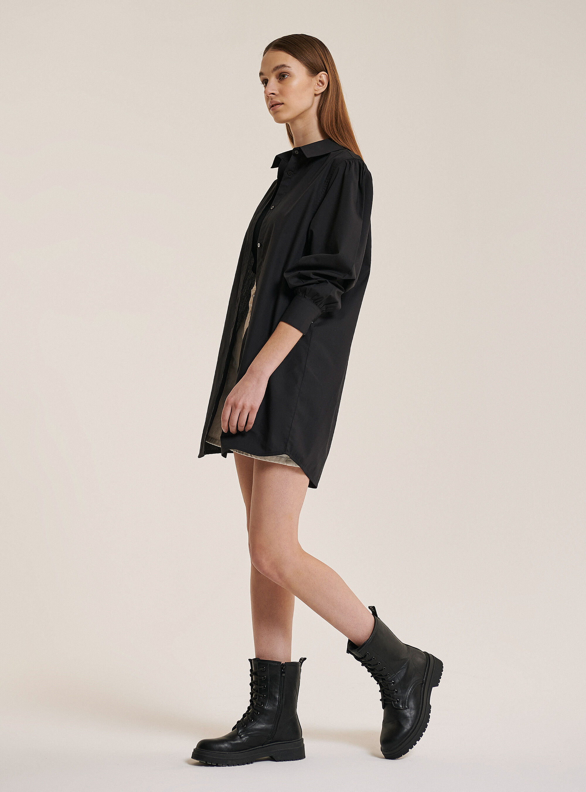 Camisa larga en tejido popeline, NEGRO