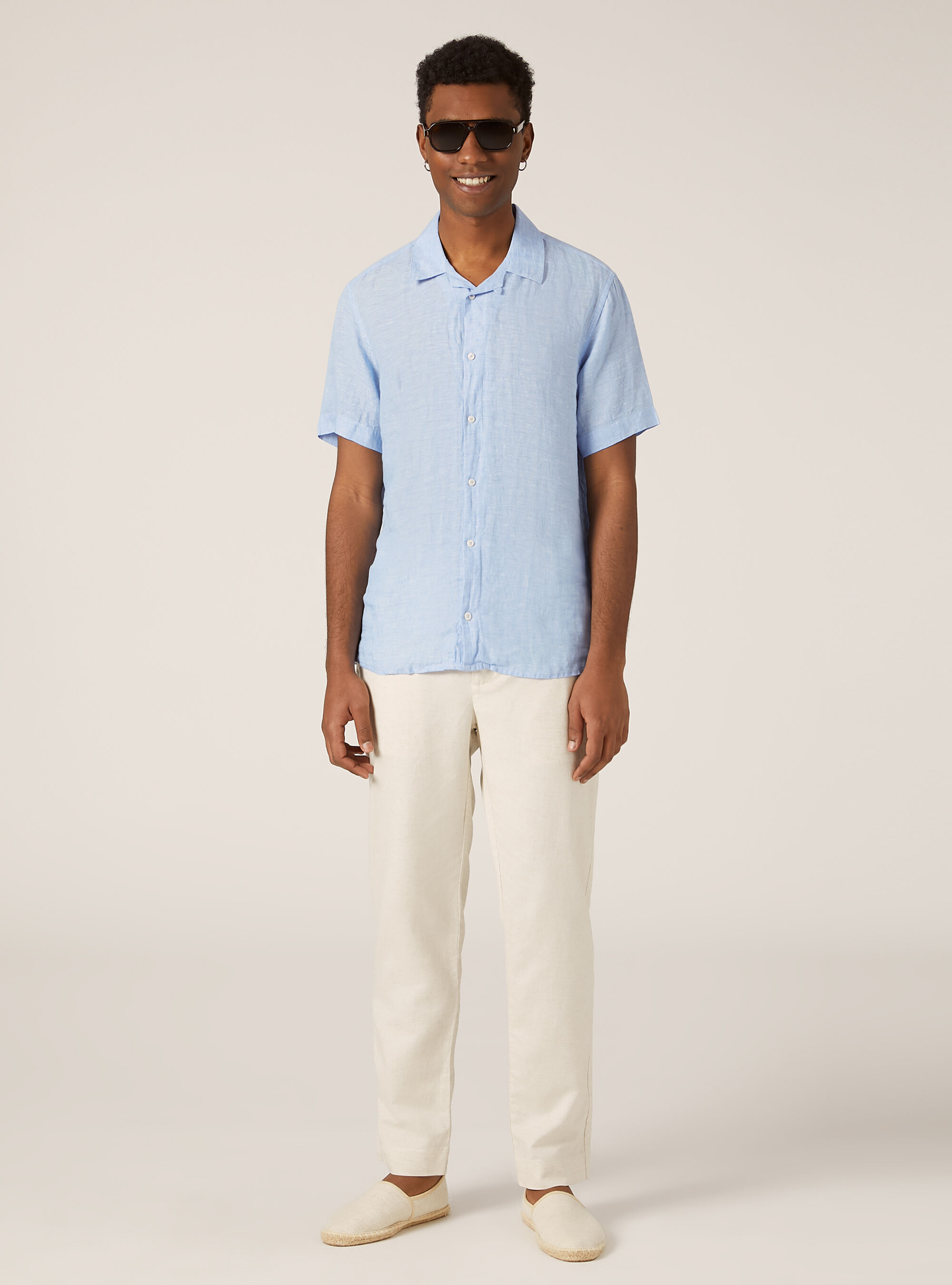 Camisa de manga corta de puro lino, CELESTE