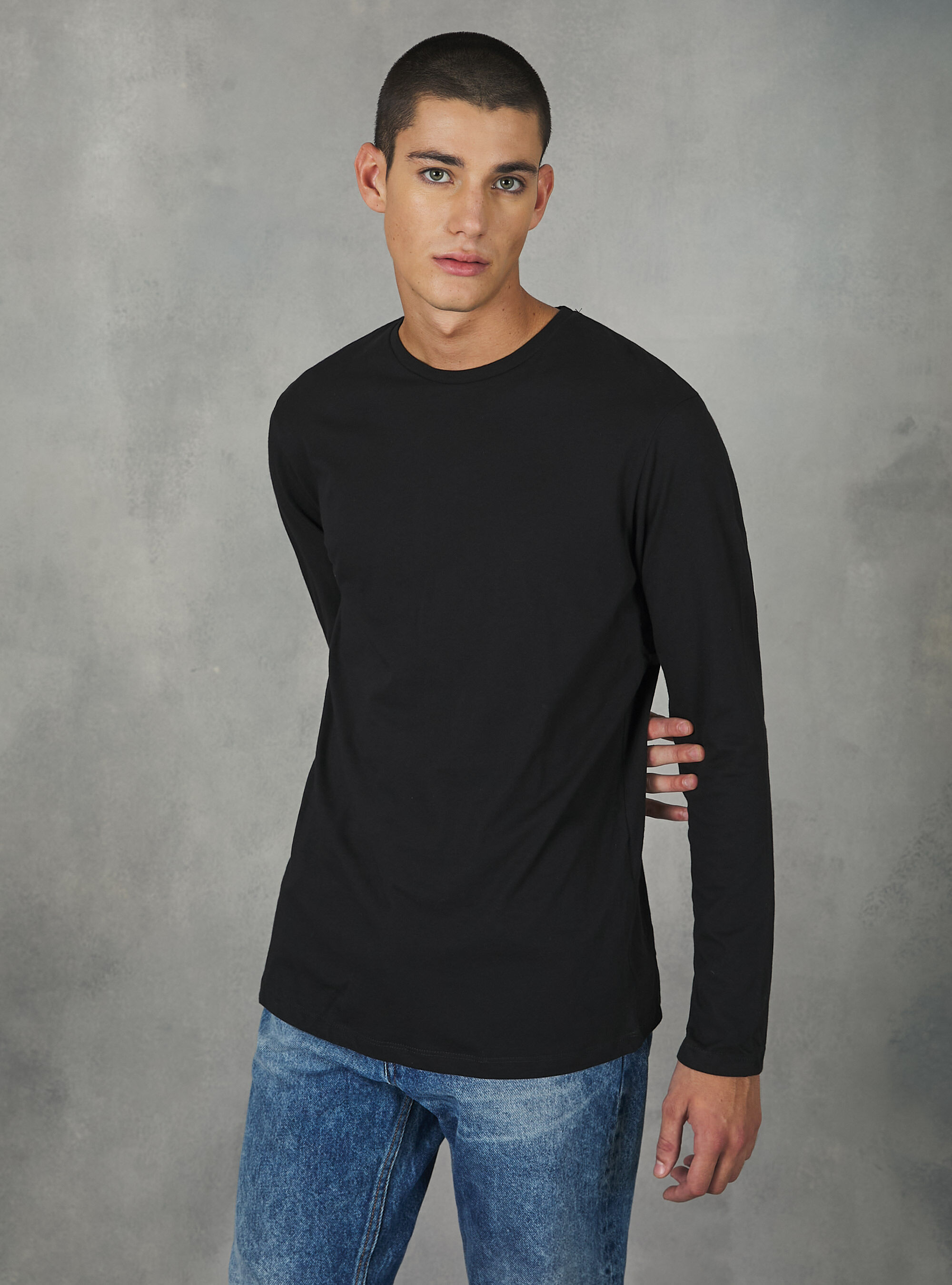 T-shirt en coton &agrave; manches longues, BK1 BLACK