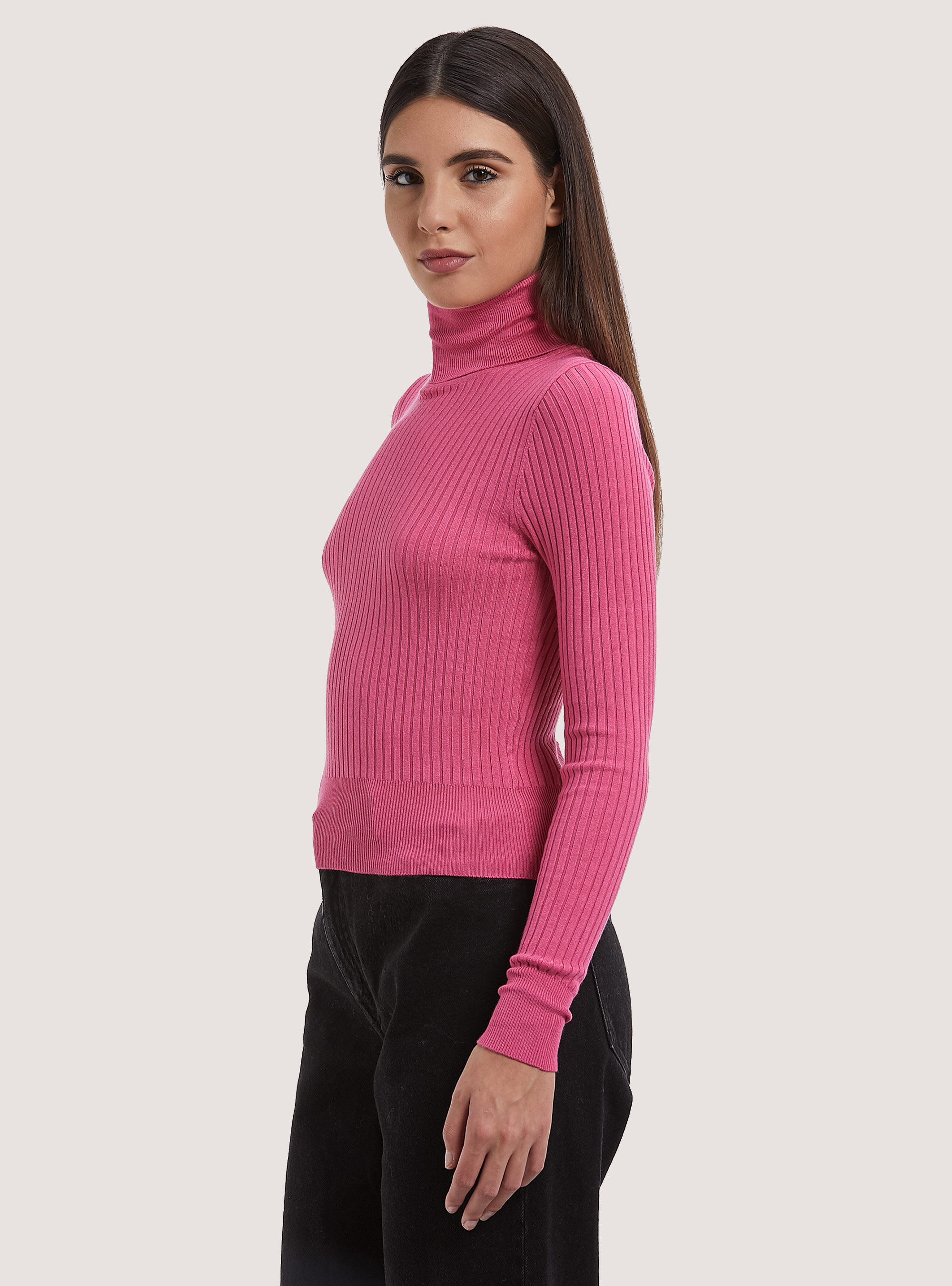 Pullover cropped a collo alto a coste, MPK1 PINK MEL DARK