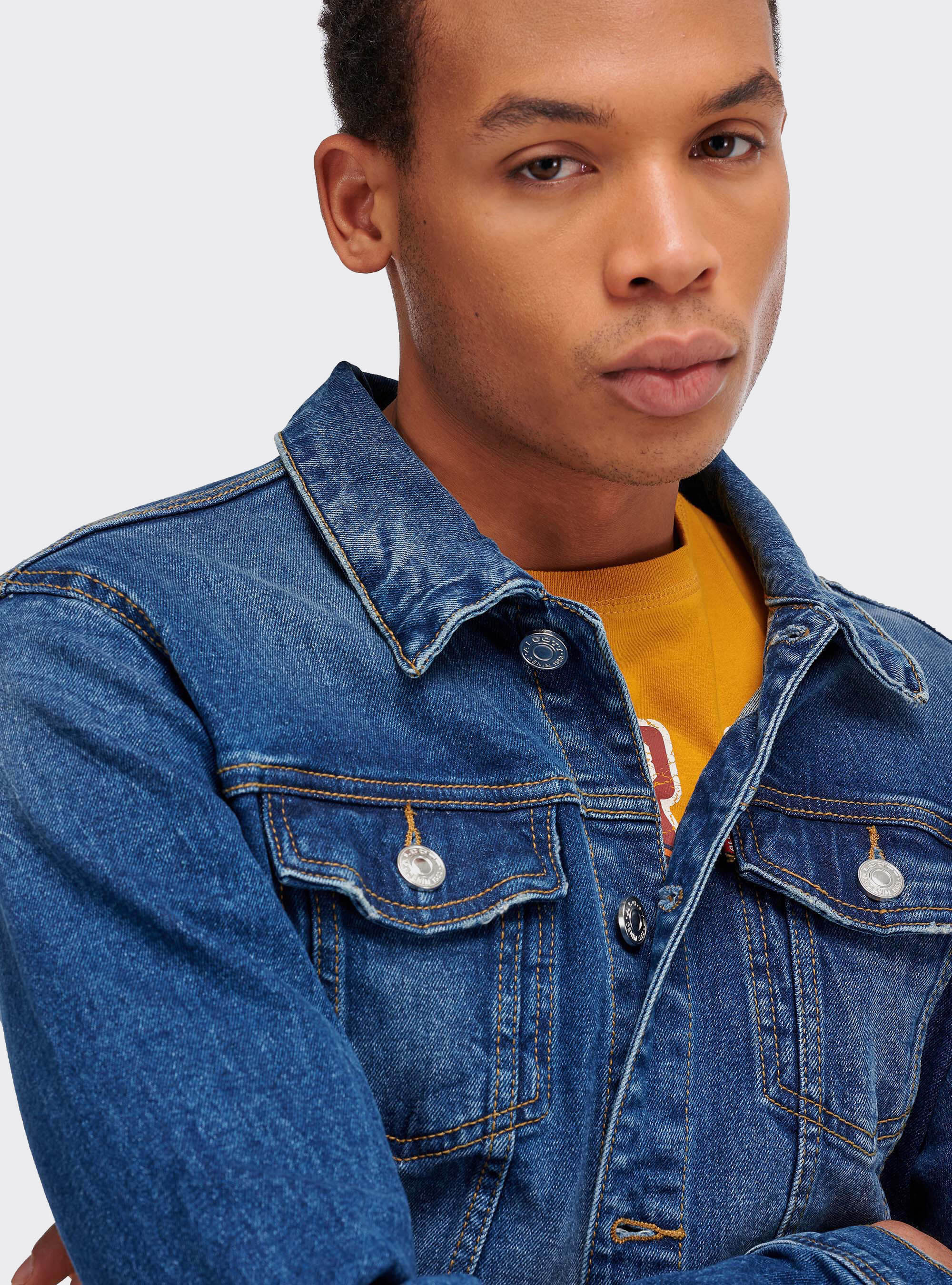 Muscle fit denim jacket new arrivals