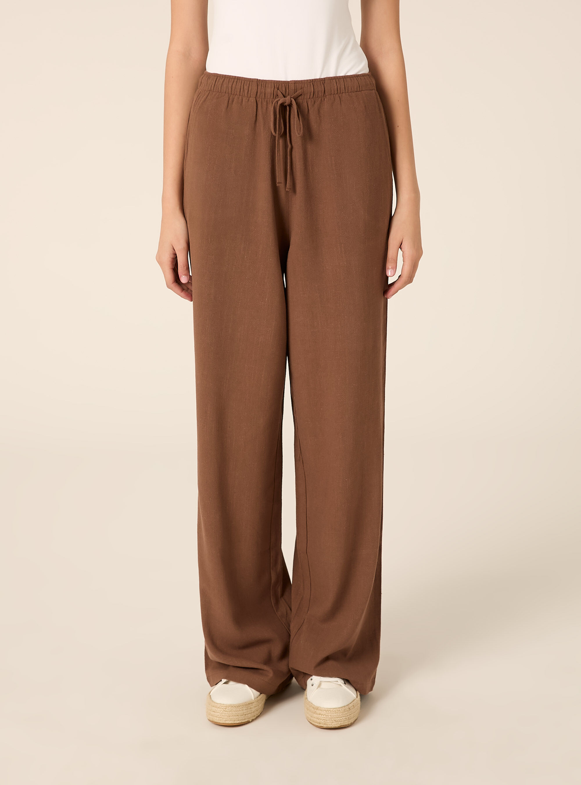 Pantaloni wide leg in misto lino, BR2 BROWN MEDIUM