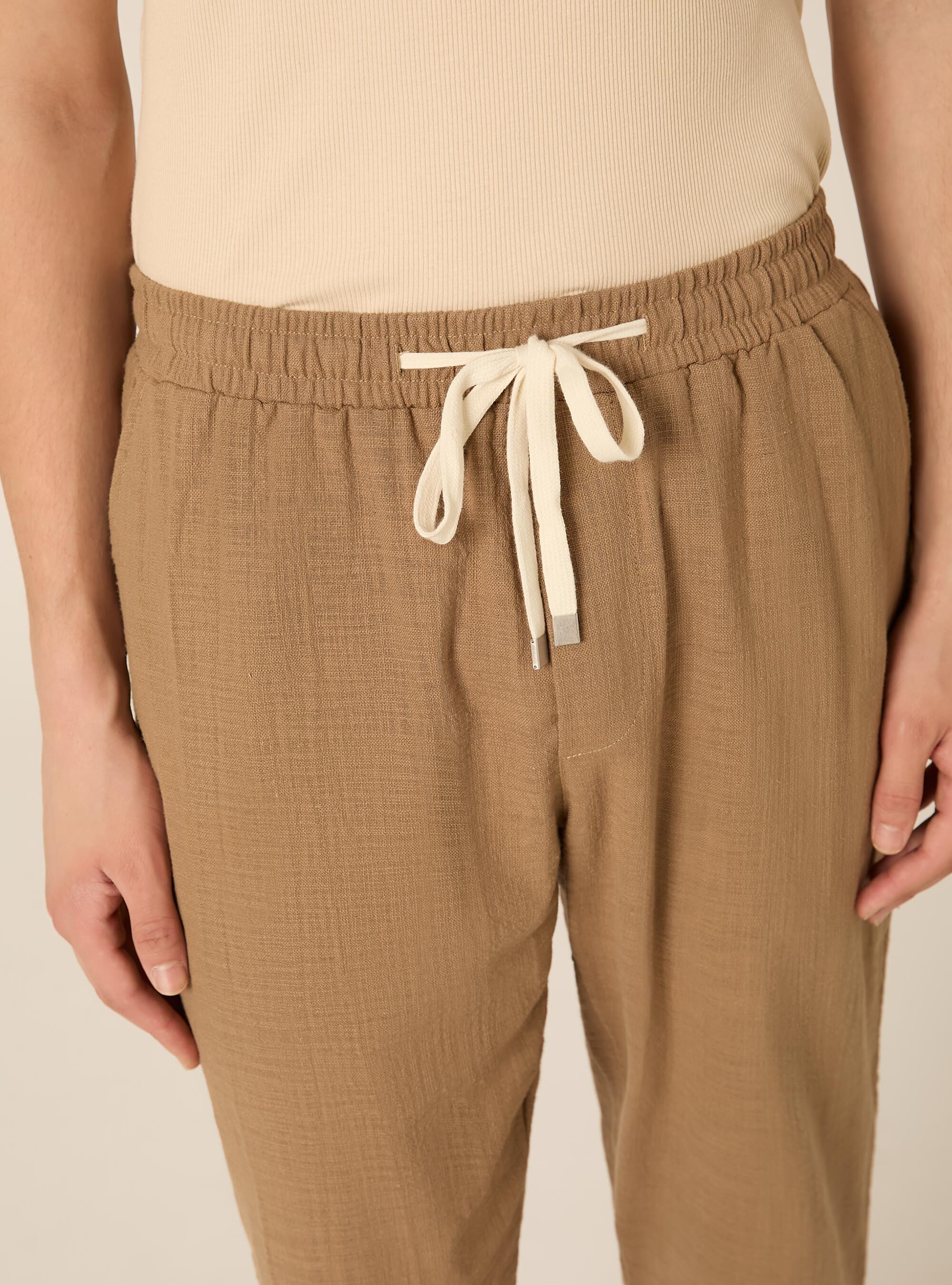 Pantaloni in cotone con laccio in vita, BR2 BROWN MEDIUM