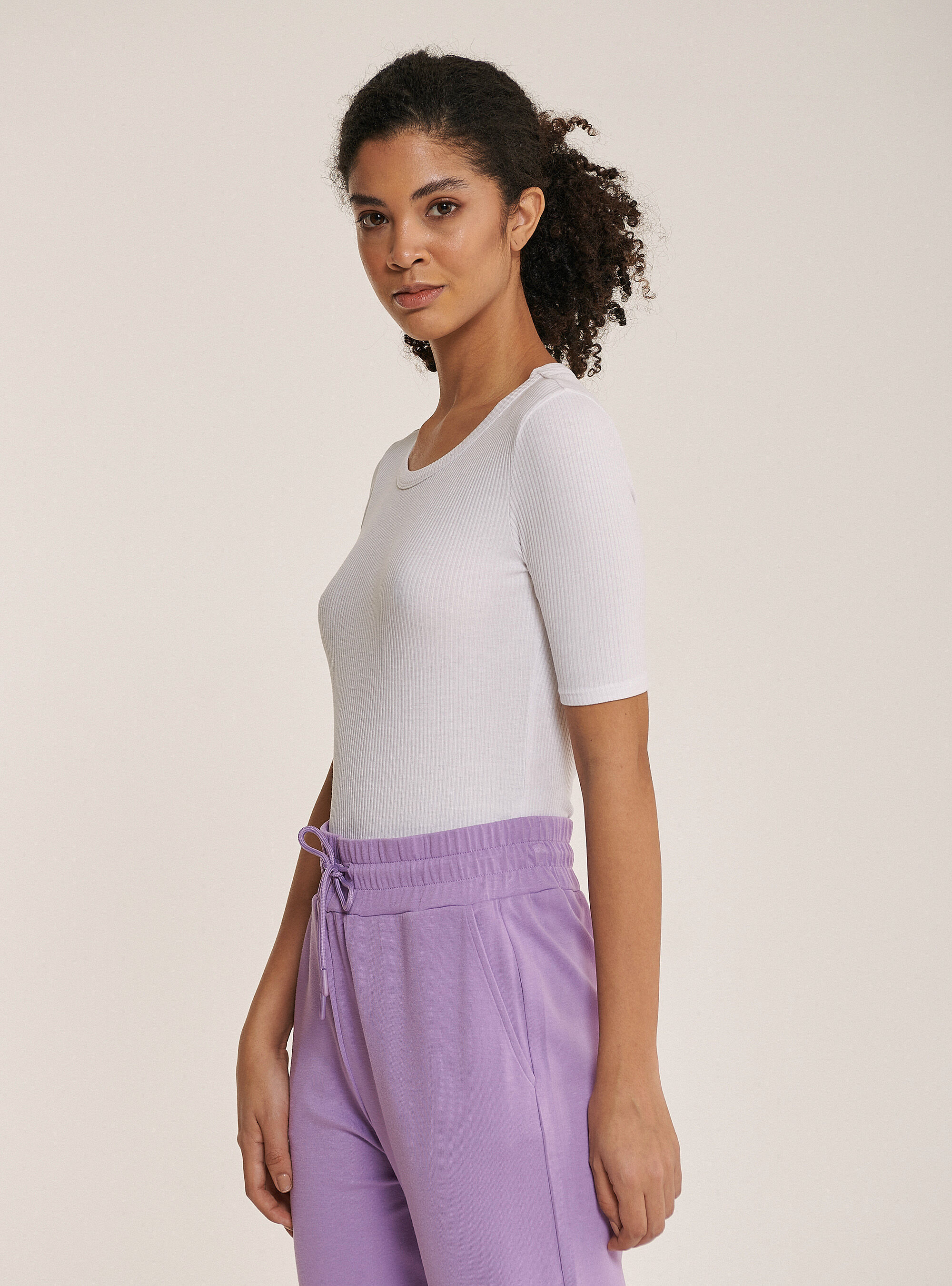 Ribbed half sleeve body in cotton, WHITE