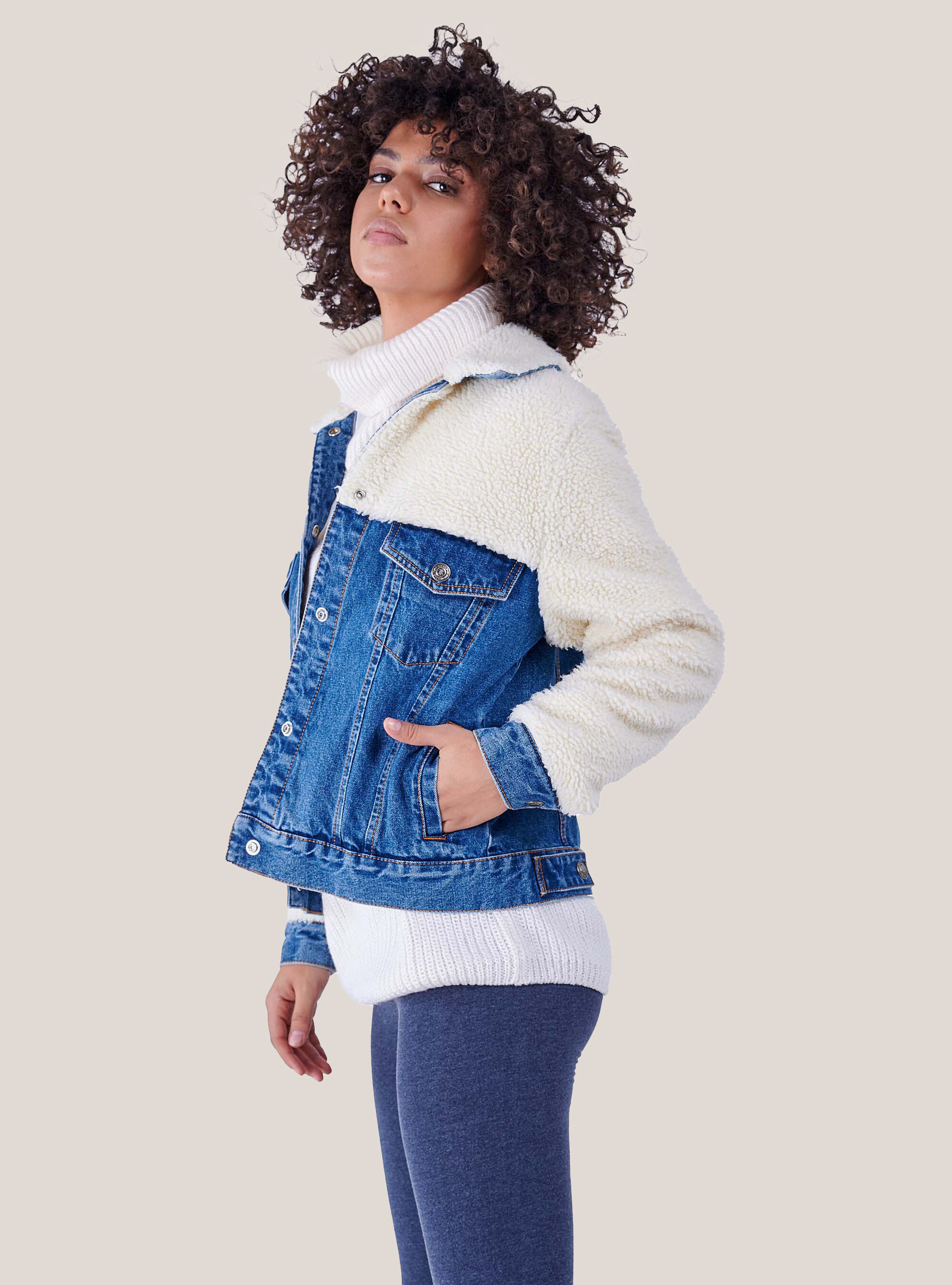 Denim jacket with lambskin inserts, BLUE