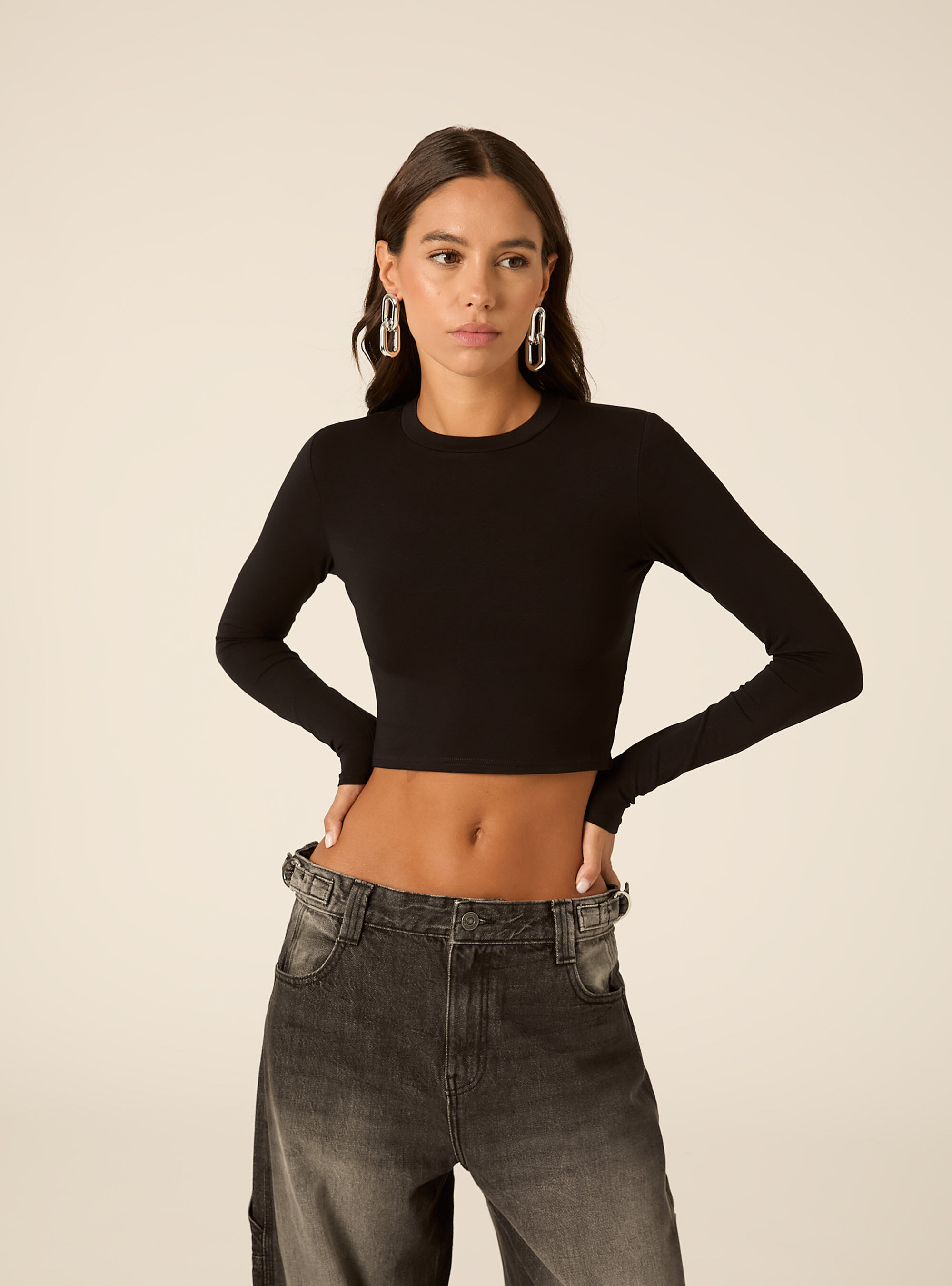 Maglia crop a maniche lunghe, BK1 BLACK
