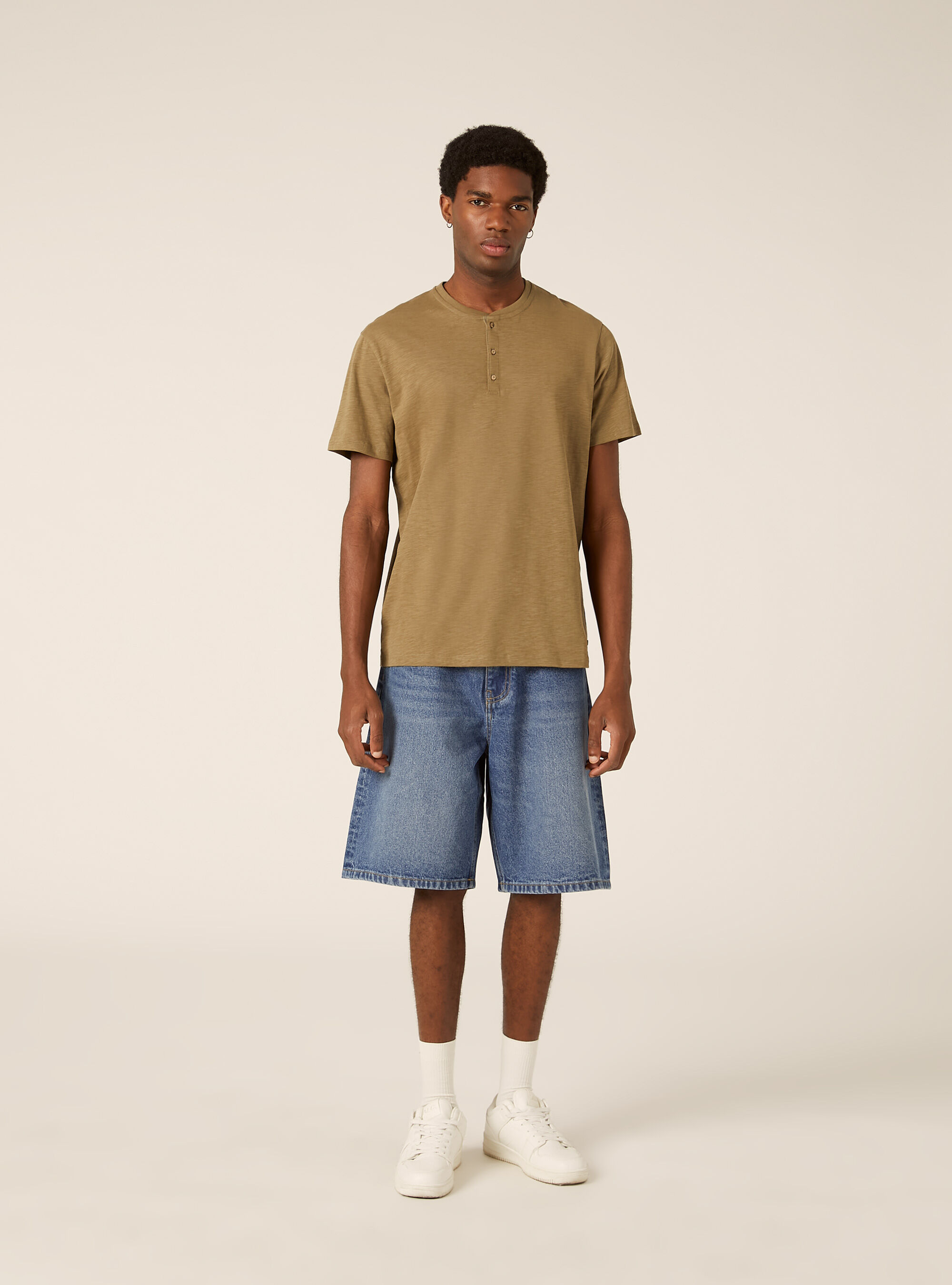 Cotton Henley T-Shirt, KY2 KAKY MEDIUM