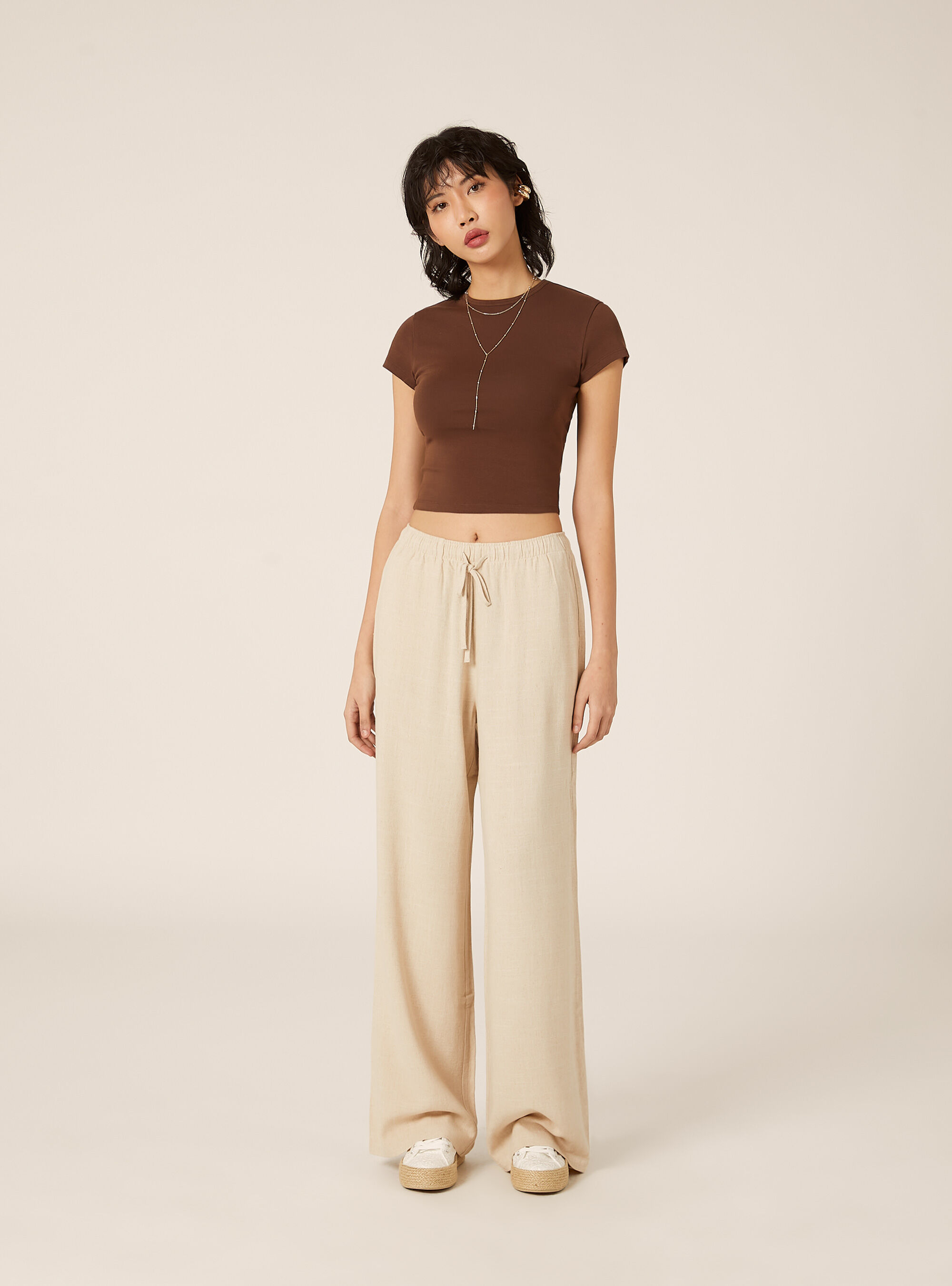 Pantaloni wide leg in misto lino, MBG2 BEIGE MEL MED