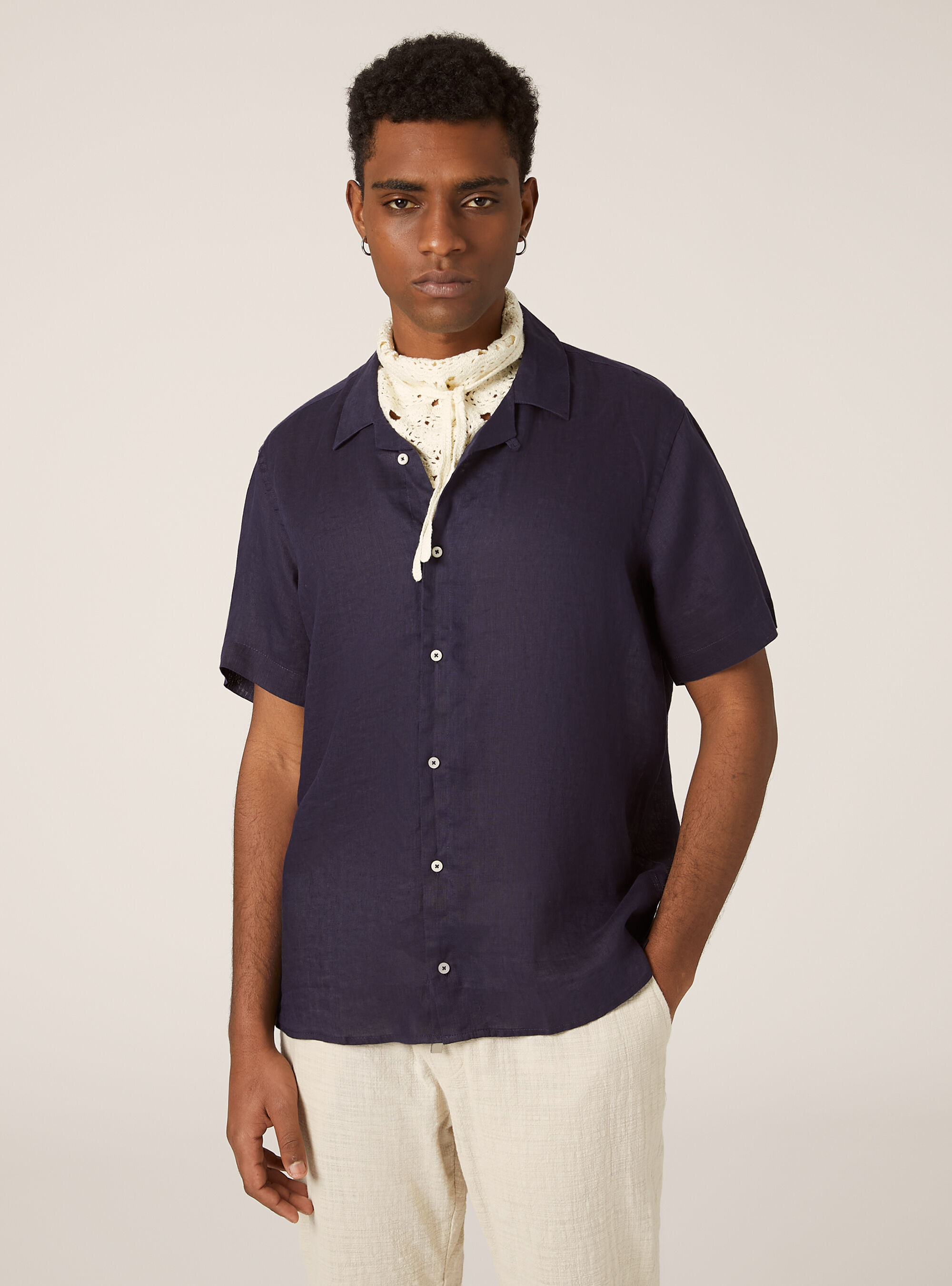 Pure linen short-sleeved shirt, BLUE NAVY