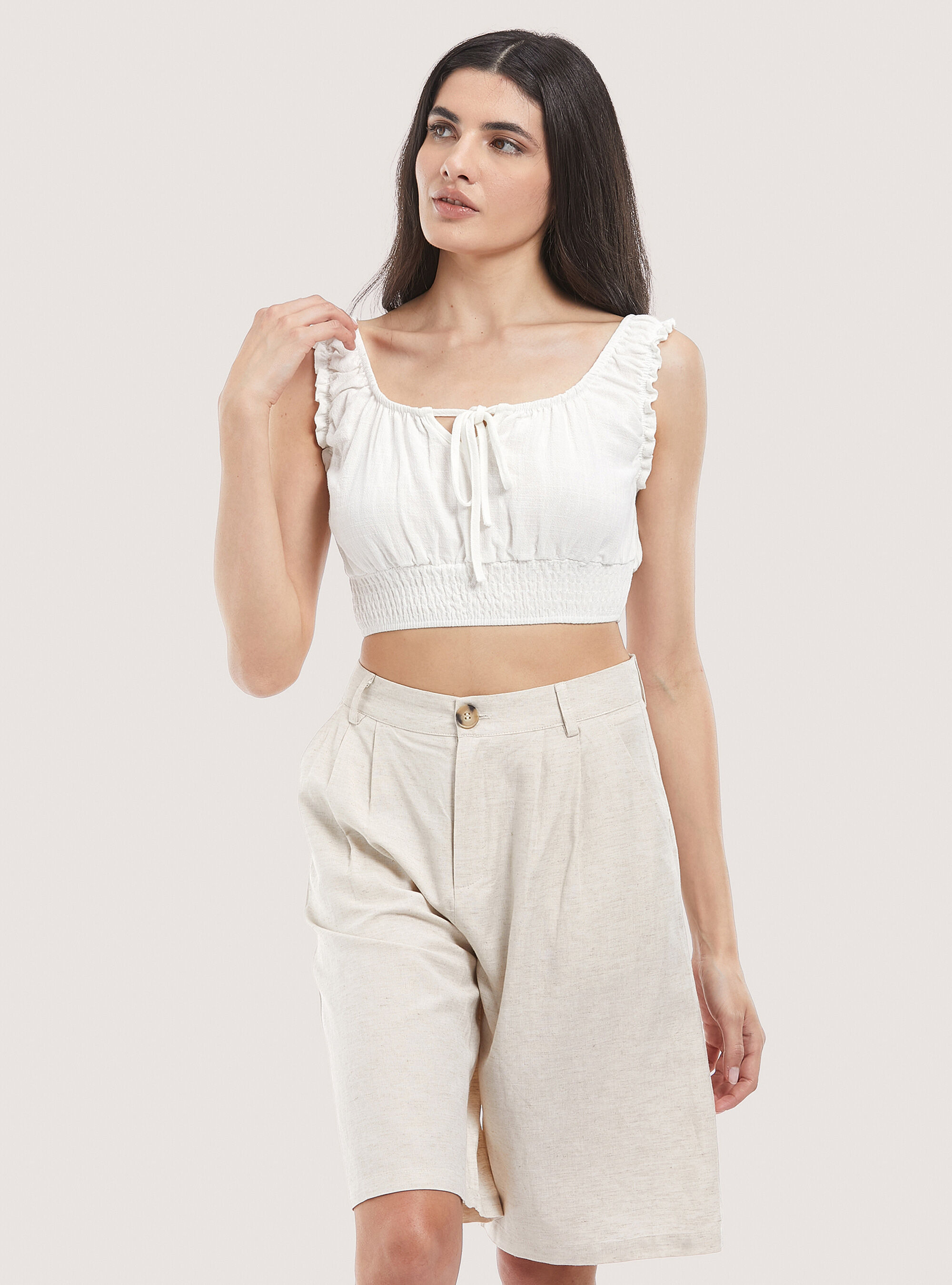 Blusa recortada en mezcla de lino, BLANCO