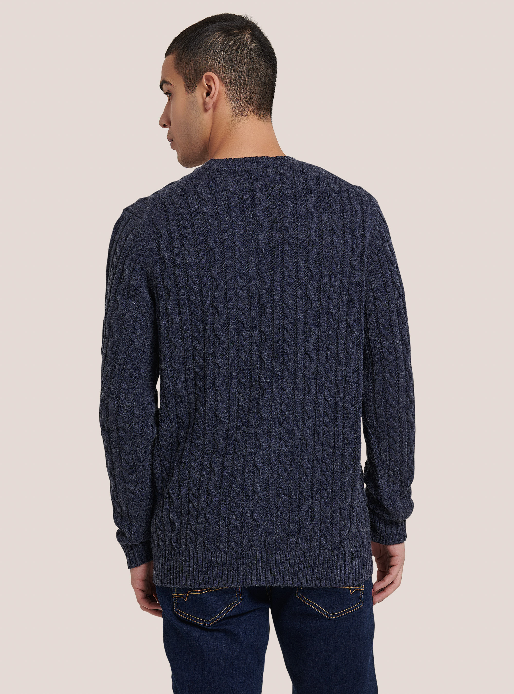 Pull &agrave; col ras du cou avec tresses, C0293 BLU MELANGE