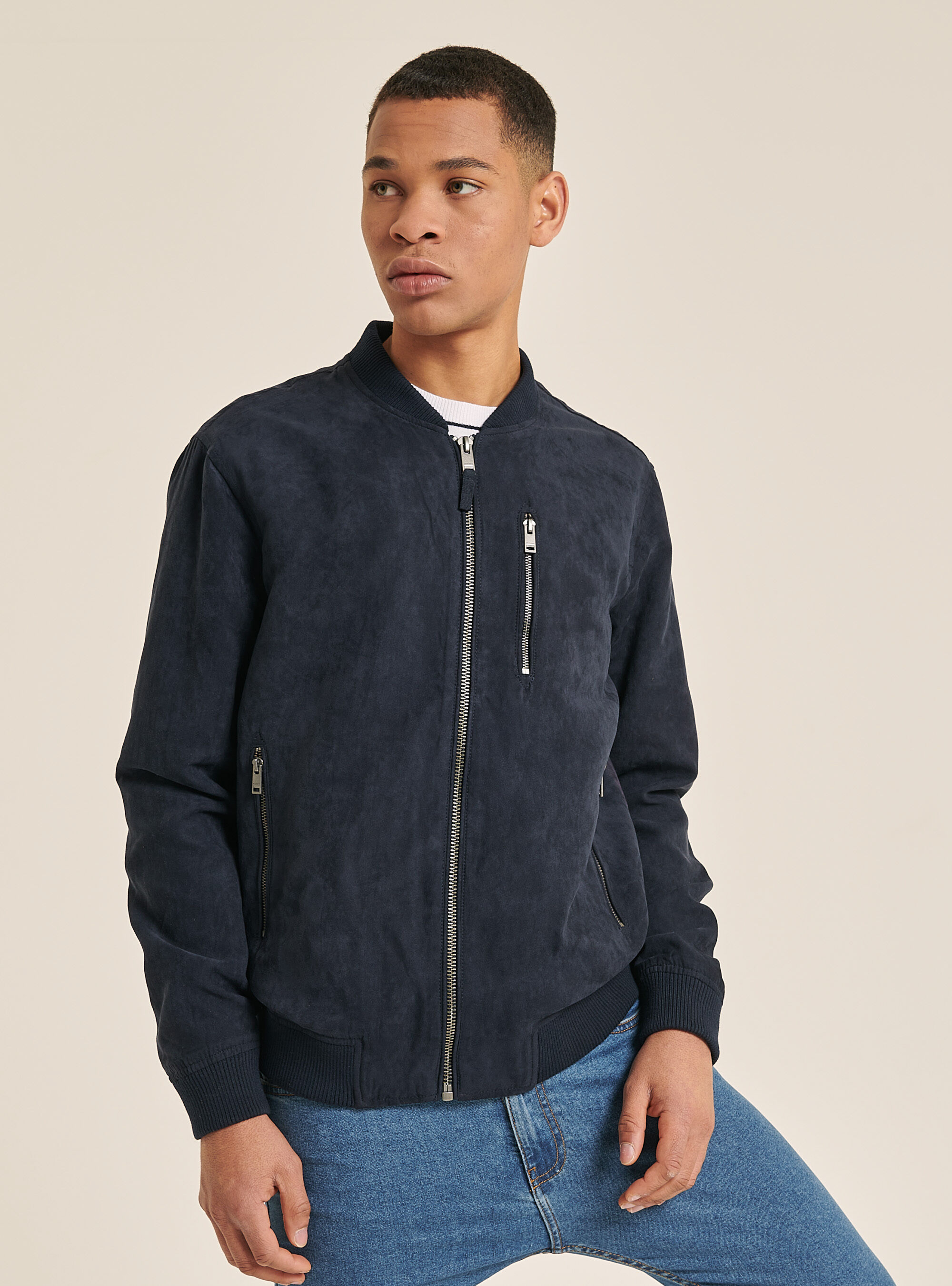Blouson bomber effet faux daim, C204 BLU NAVY