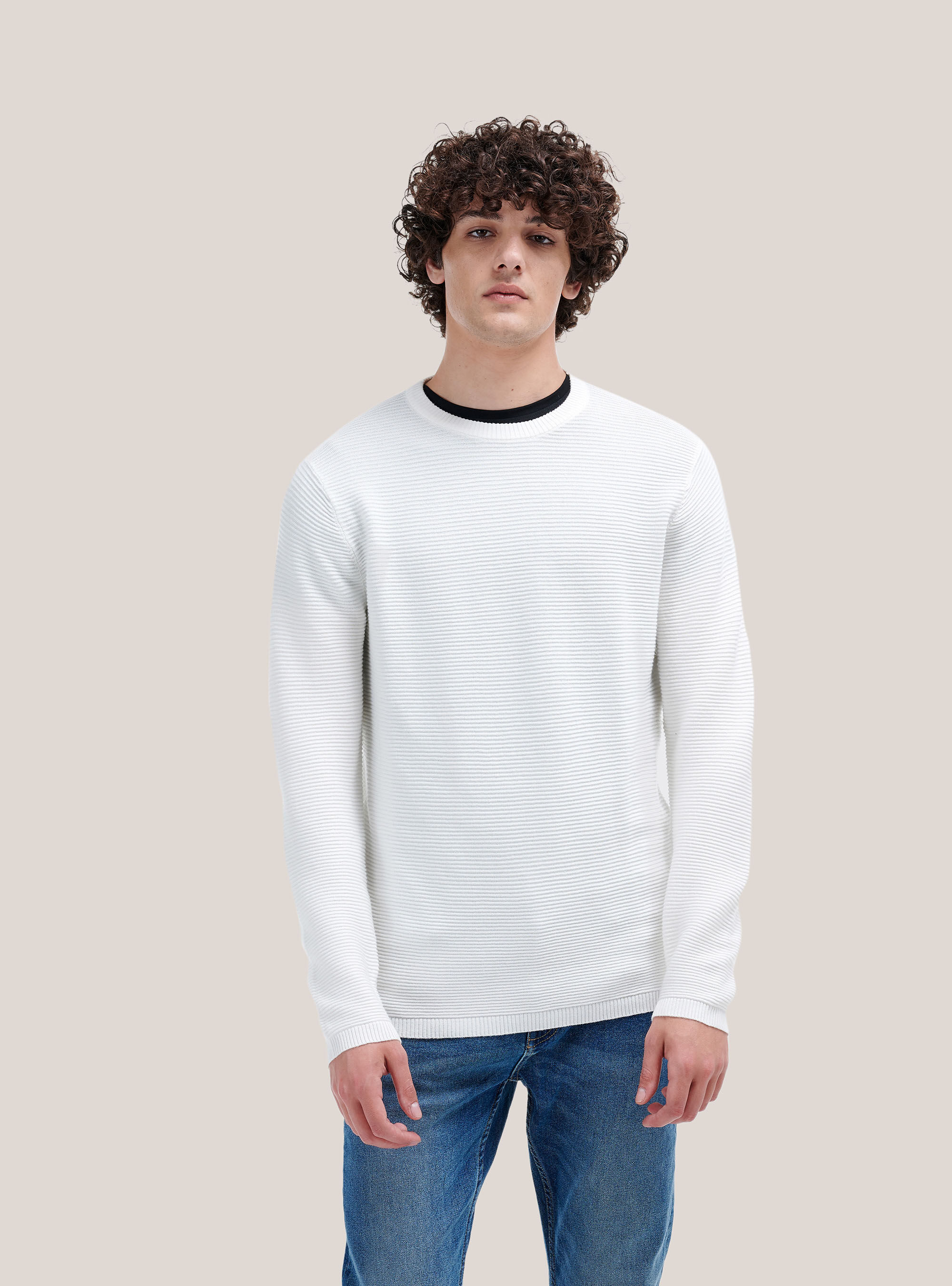 Structured knit crewneck pullover, WHITE