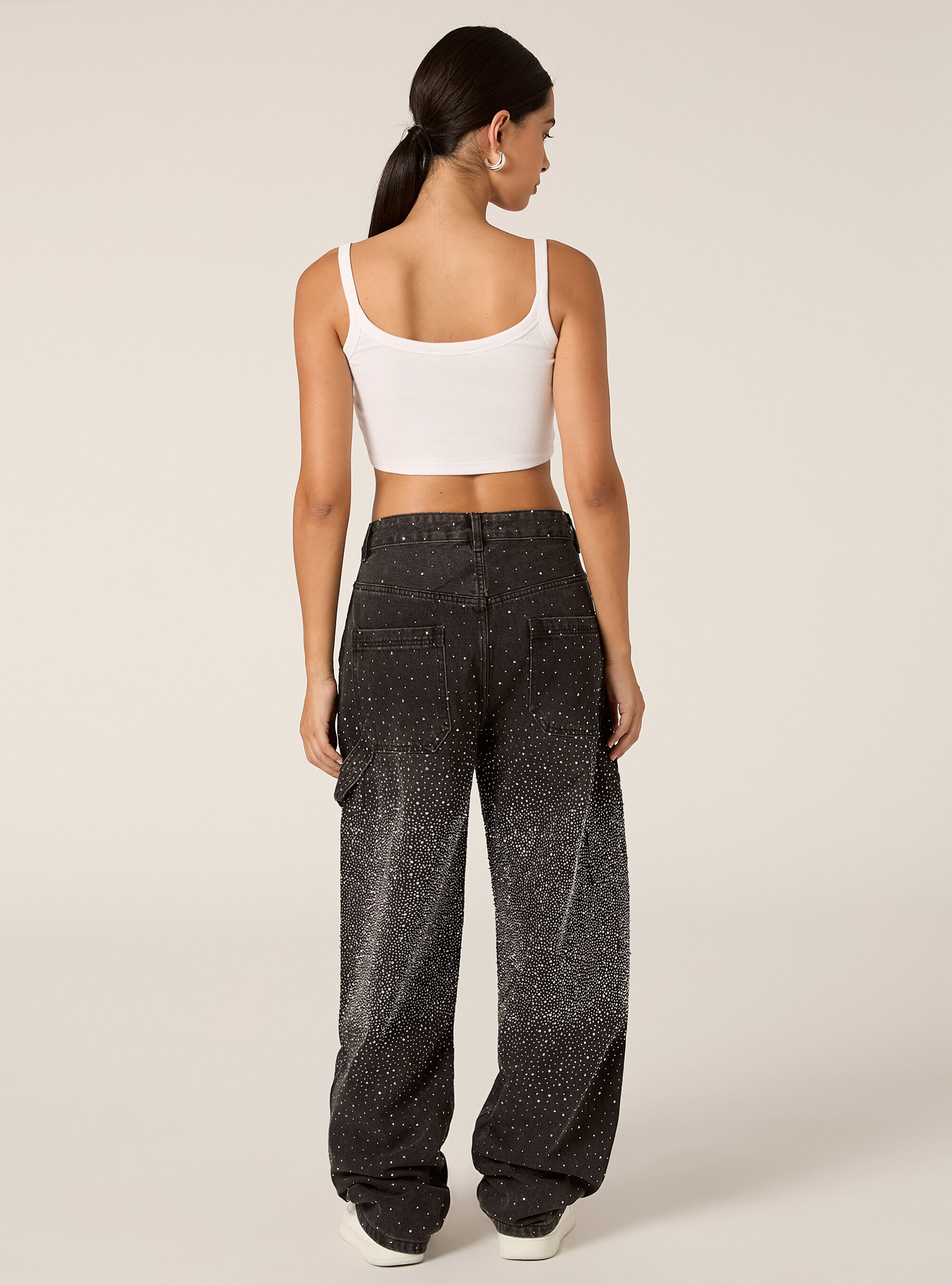 Vaqueros anchos de carpintero con strass, D000 BLACK