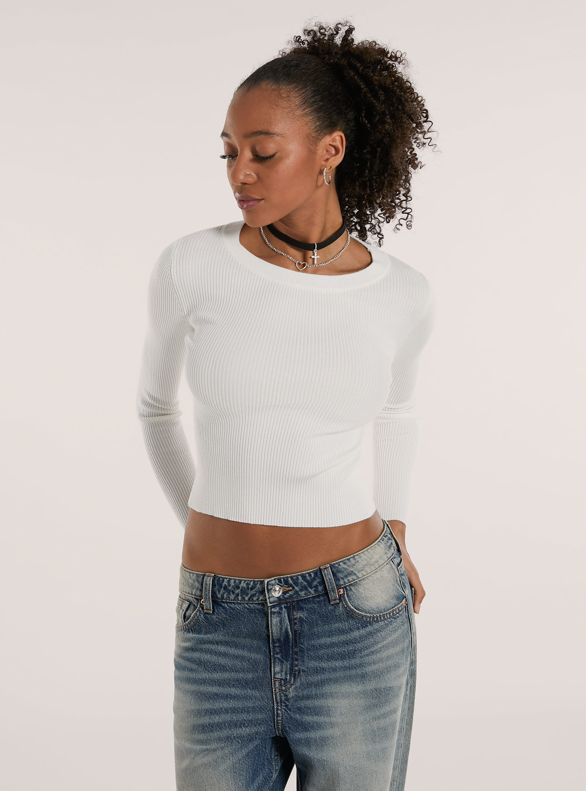Maglia girocollo a coste, WH2 WHITE
