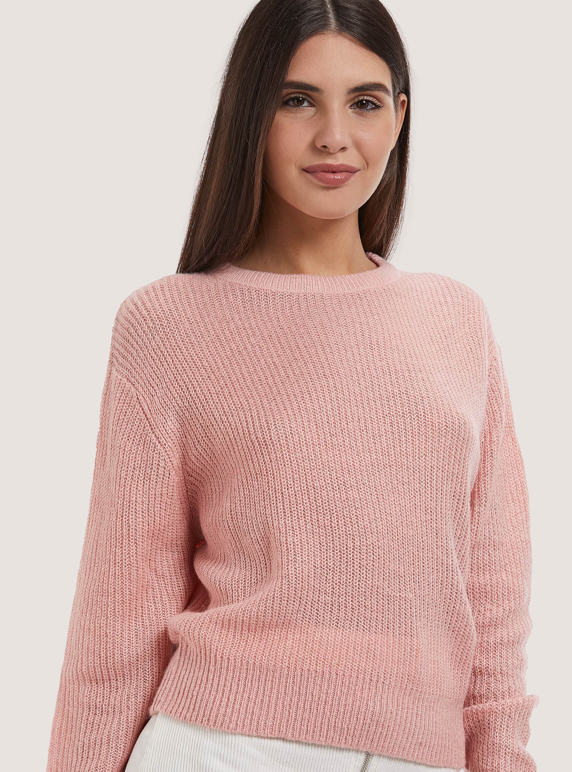 Pullover girocollo in tinta unita, ROSA